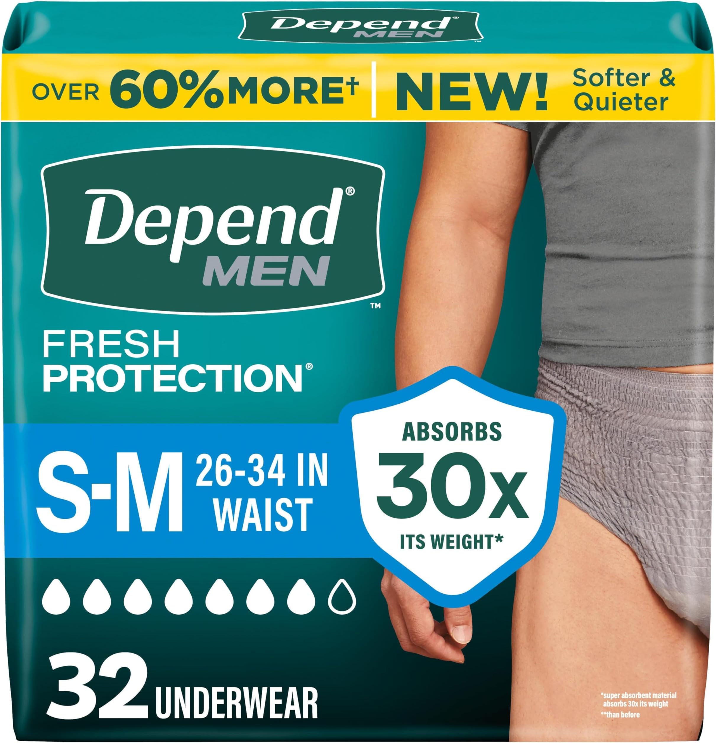 Depend Fresh Protection Adult Diapers, Incontinence Underwear for Men, Disposable, Maximum, Small/Medium, Grey, 32 Count, Packaging May Vary