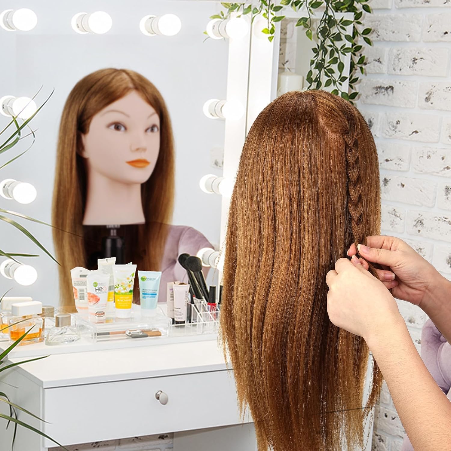 Yofuly Friseur-Trainingskopf, 45,7 cm, 100 % Echthaar, Manikin-Kosmetologie-Puppenkopf zum Flechten und Haarstyling, Übungskopf mit Tischklemme + DIY-Zopf-Set (braun)