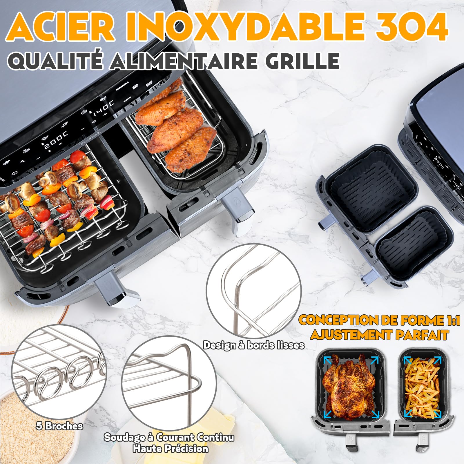 23 Accessoires Pour Friteuse Sans Huile Moulinex Easy Fry Dual - Moules Silicone Et Grilles Inox - Pour Cuisson Multifonction