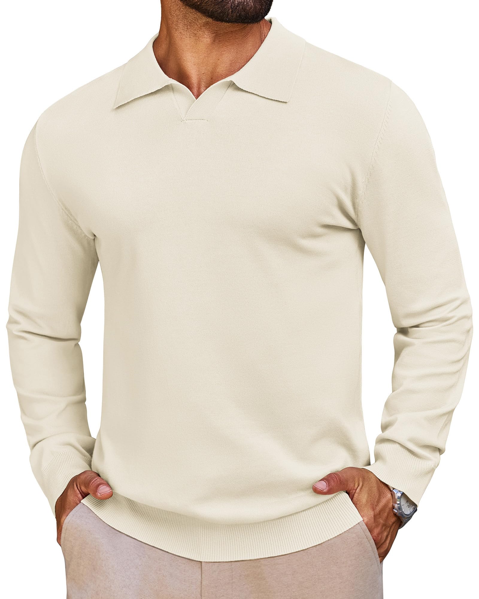 Lexiart Mens Knit Polo Shirts Long Sleeve V Neck Soft Casual Golf Shirts