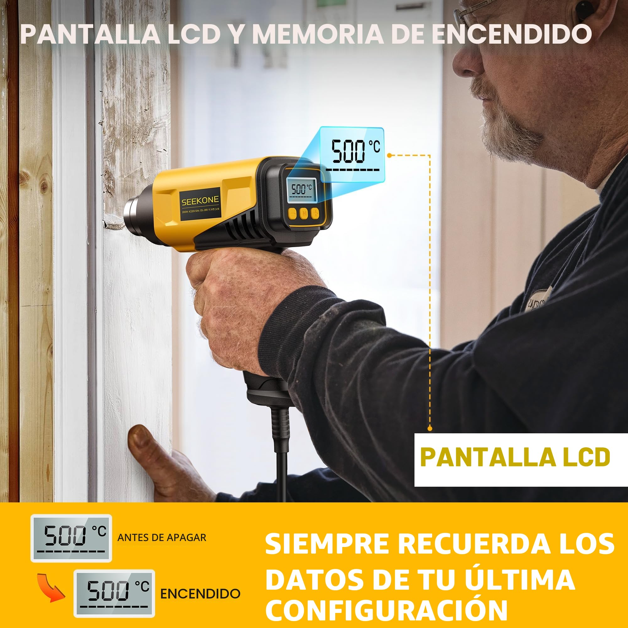 SEEKONE Pistola de Aire Caliente de 2000W con Pantalla LCD Digital, 50℃-650℃ Diseño Compacto y Temperatura de Flujo de Aire Ajustable, con Protección de Sobrecarga y Ideal para Manualidades