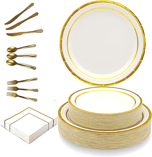Juego de vajilla de plástico dorado de 300 piezas, platos desechables de plástico dorado para fiestas, tazas y servilletas, platos de aperitivos,