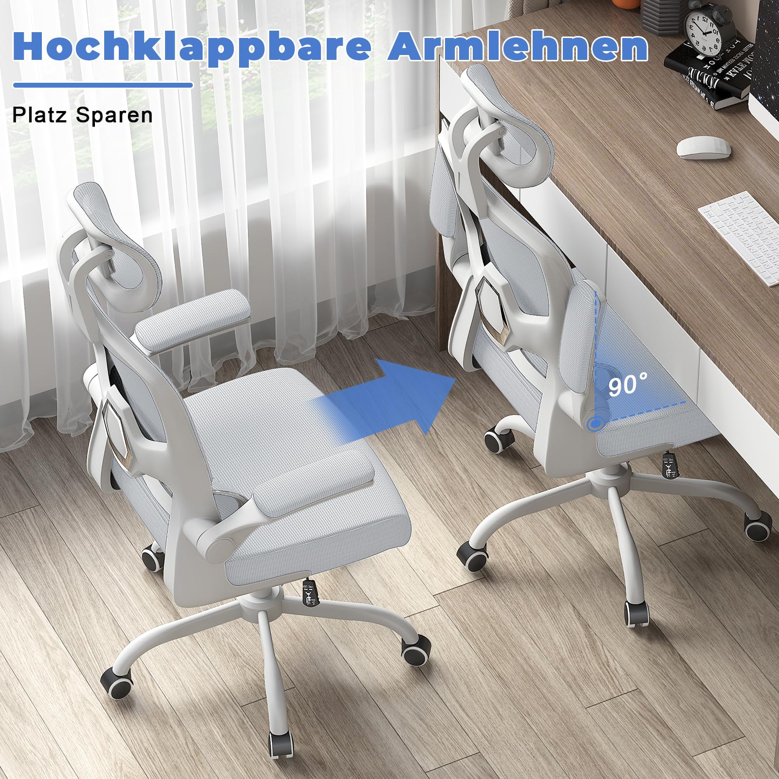 naspaluro Bürostuhl, Ergonomischer Schreibtischstuhl mit Verstellbarer Kopfstütze, Armlehnen, Dynamischer Lordosenstütze, Drehstuhl mit Atmungsaktivem Netzbezug für das Home Office, Hellgrau