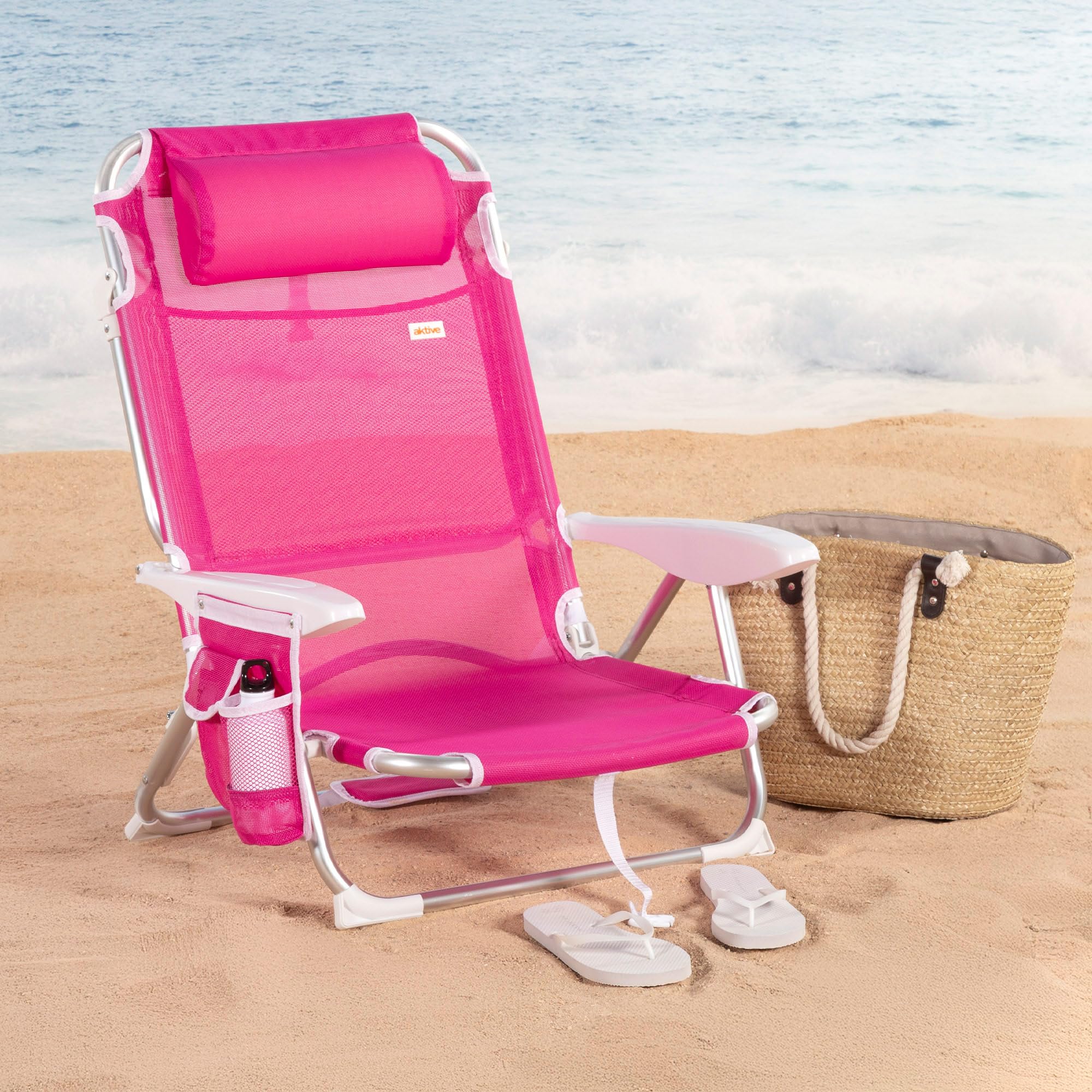 AKTIVE Chaise de Plage Pliable, Fuchsia, textilène et Aluminium, 51 x 45 x 76 cm, 4 Positions, Dossier Haut, 110 kg