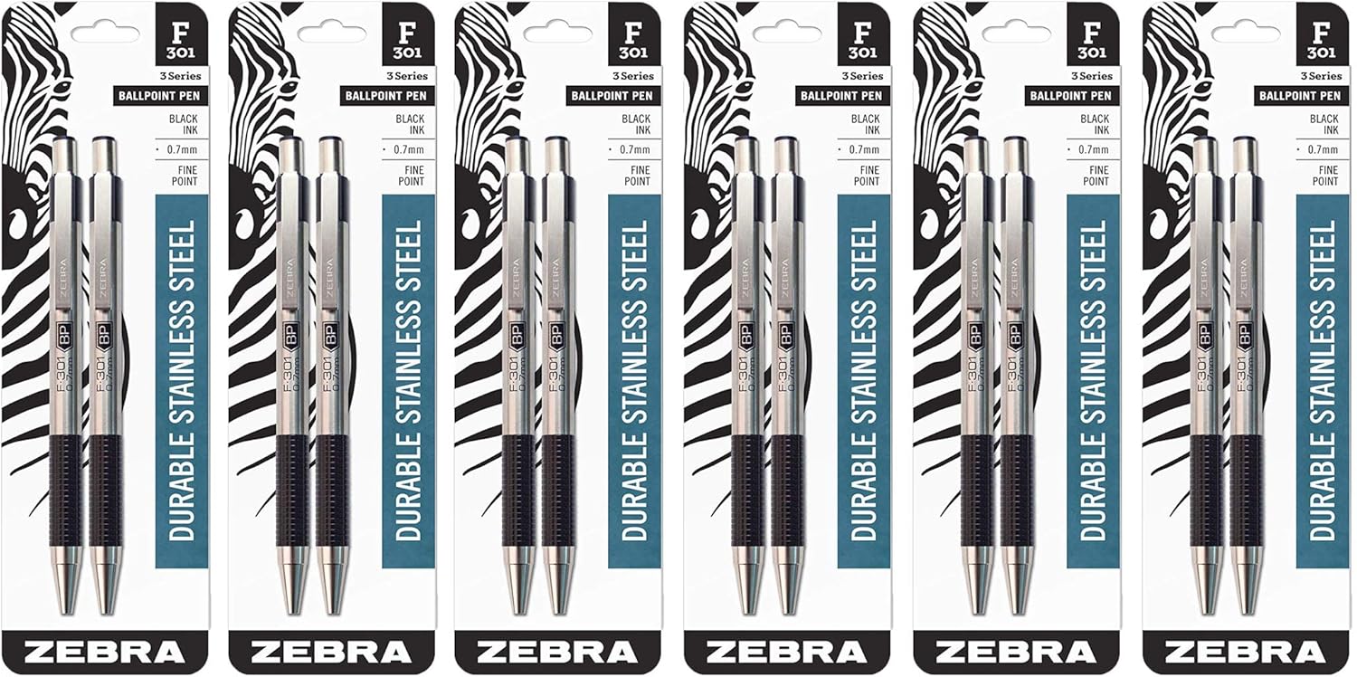 Zebra F-301 Ballpoint Stainless Steel Retractable Pen, Fine Point, 0.7mm, Black Ink, 2-Count, 6 Pack