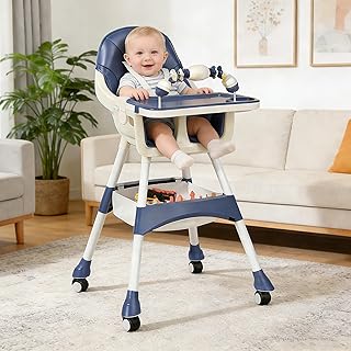 4-in-1 Baby High Chair for Babies & Toddlers, High Chair with Detachable PU Cushion, Removable Tray, Adjustable Height, Locking Wheels, Blue