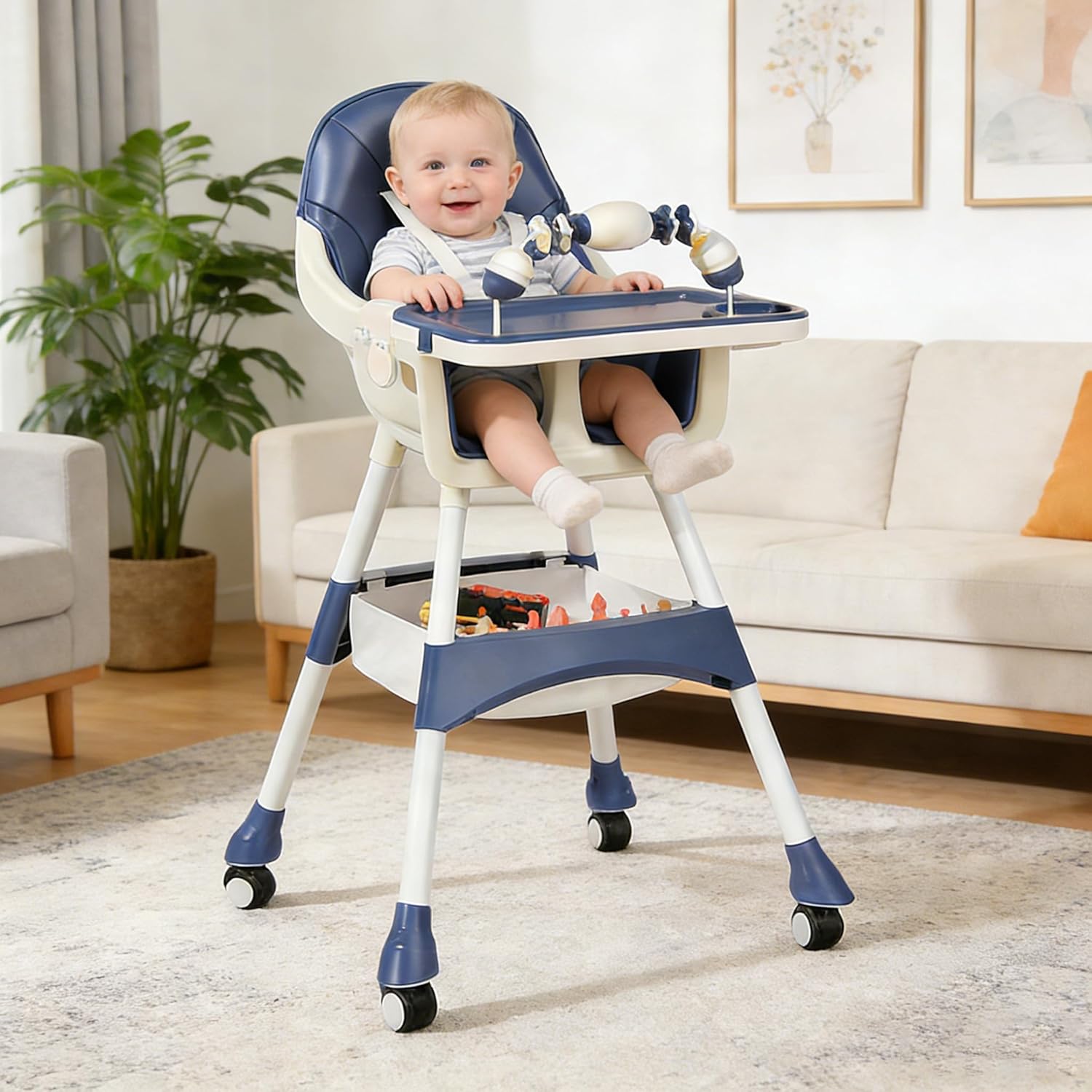 4-in-1 Baby High Chair for Babies & Toddlers, High Chair with Detachable PU Cushion, Removable Tray, Adjustable Height, Locking Wheels, Blue