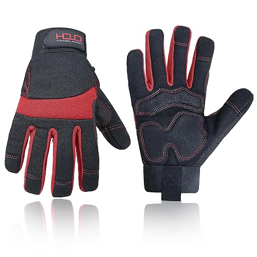 HLDD HANDLANDY Arbeitshandschuhe für Männer und Frauen, Touchscreen Mechaniker Arbeitshandschuhe, Utility Sicherheit Arbeitshandschuhe - M - Rot und Schwarz
