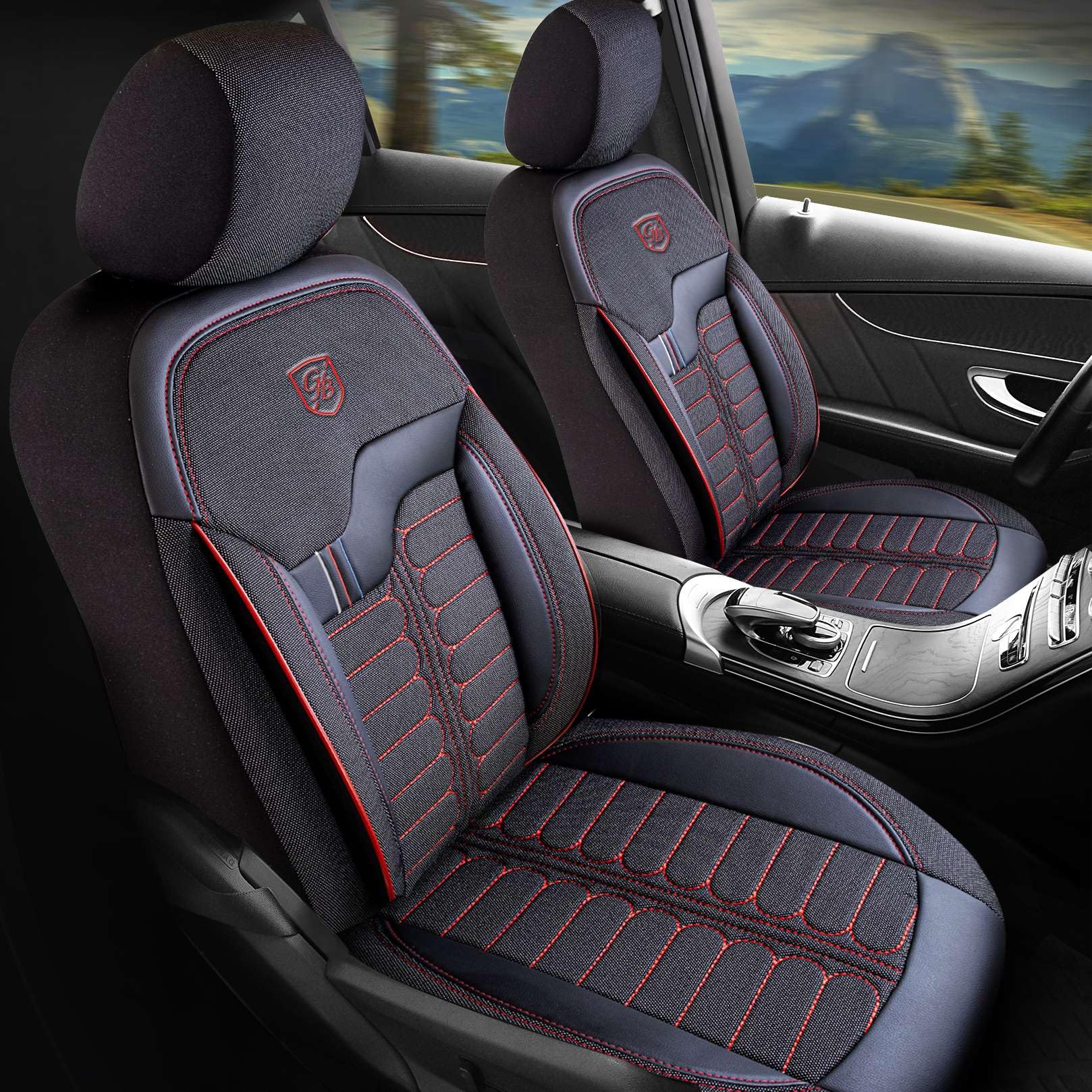 Autositzbezüge Universal – Premium Autozubehör Innenraum für PKW & SUV – Jacquard Sitzauflage, Autoschonbezug Auto, Airbag-kompatibel, Schwarz-Rot, Vordersitz-Set inkl. Montageset