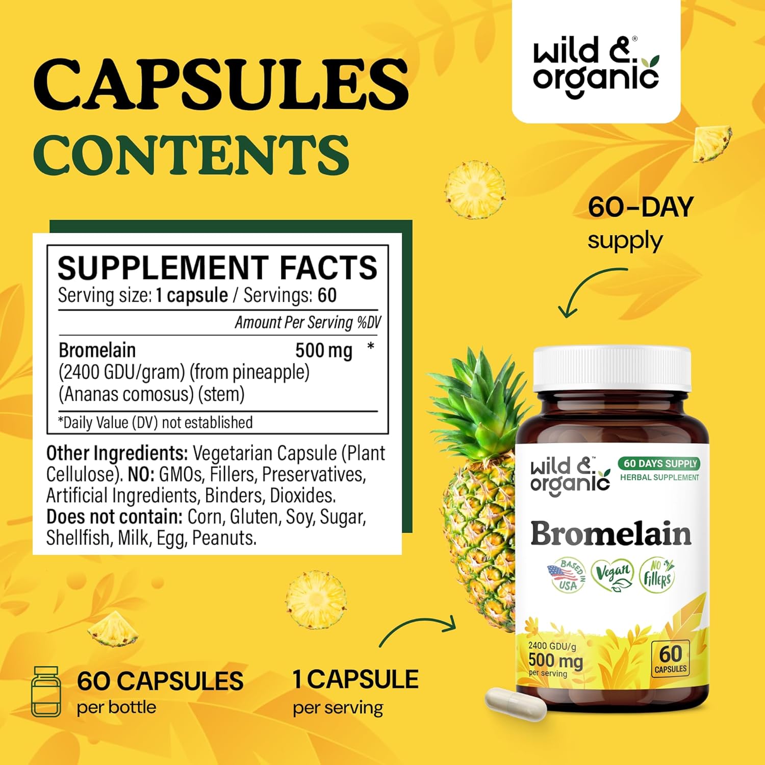 Wild & Organic Bromelain 500 mg Capsules - Digestive Support - Bromelain Powder Supplement - Pineapple Enzyme Source - Vegan, No Fillers, Non-GMO - 60 Count