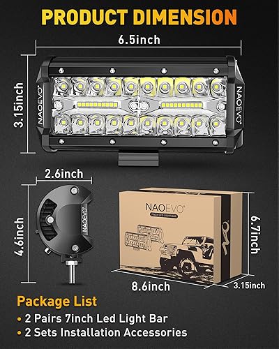 Miniatura 5 de NAOEVO Barra de luz LED de 7 pulgadas, 480 W, 48,000 lúmenes, luces de conducción antinieblaluces LED de tractor con haz combinado de inundación