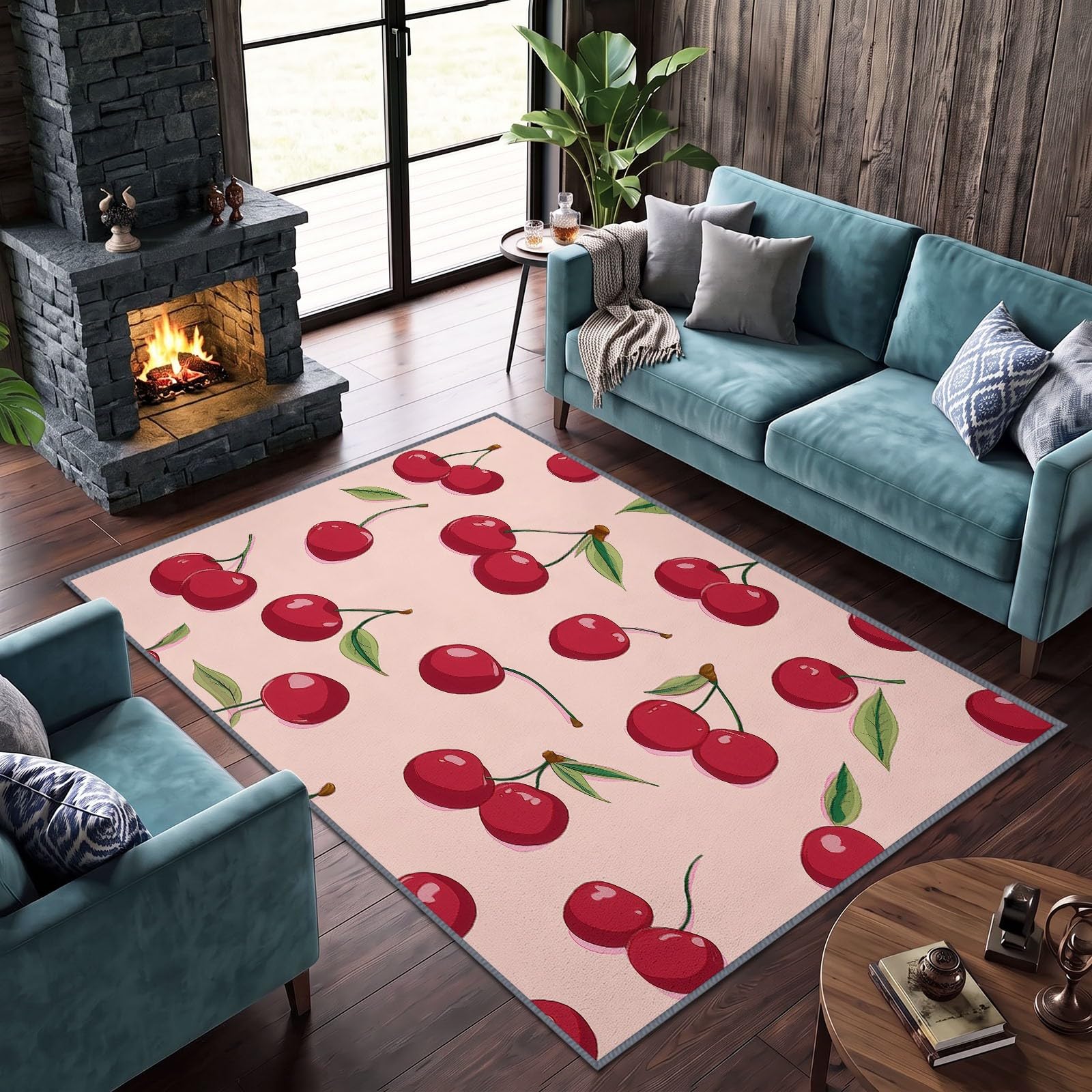 Générique 160 x 230 cm Tapis Décoratif en Flanelle Confort Minimalisme Plantes Cerises Feuilles Vertes Rose Tapis Doux Hypoallergénique pour Salon et Chambre – Design Moderne, Entretien Facile