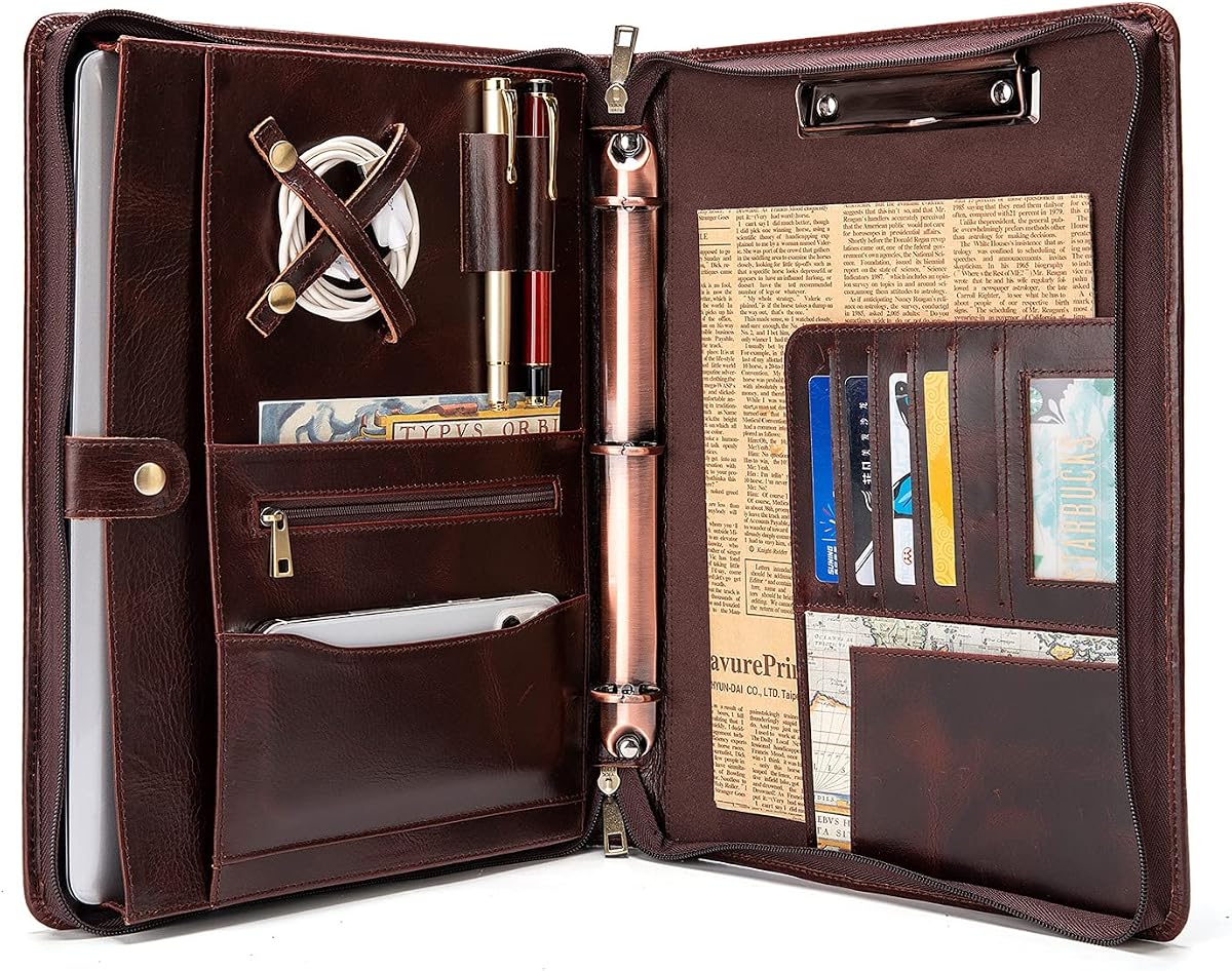 Carpeta de cuero de 3 anillas con asa para bloc de notas de 8,5 x 11 | Portafolio con cremallera hecho a mano para tableta de 13", organizador profesional de documentos comerciales (marrón oscuro, cuero encerado al aceite)