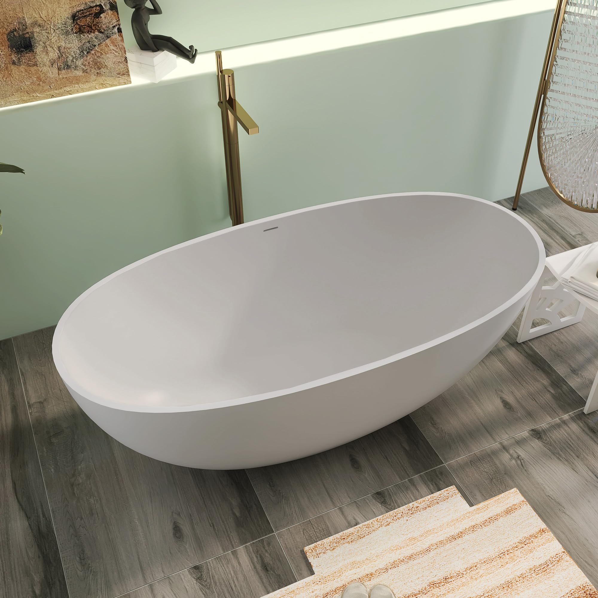 Vasca da bagno autoportante di alta qualità da 154,9 cm, in resina di pietra ovale grigia, con troppopieno e scarico pop-up
