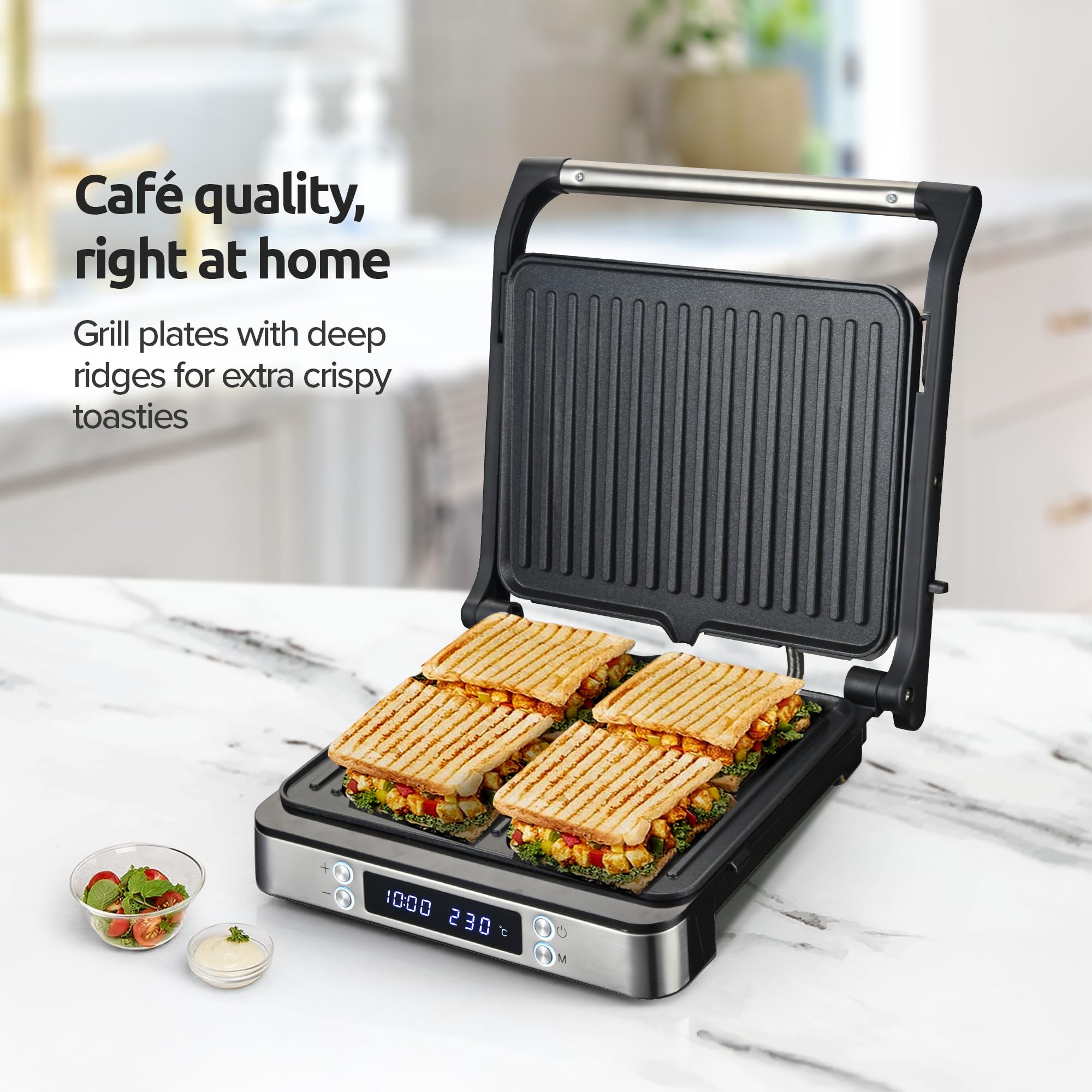 Olvy Cyfrowy grill kontaktowy z płytkami nieprzywierającymi, urządzenie do kanapek 3 w 1, grill otwarty w 180°, regulacja temperatury, timer, duża powierzchnia gotowania, uchwyt Cool-Touch, srebrny