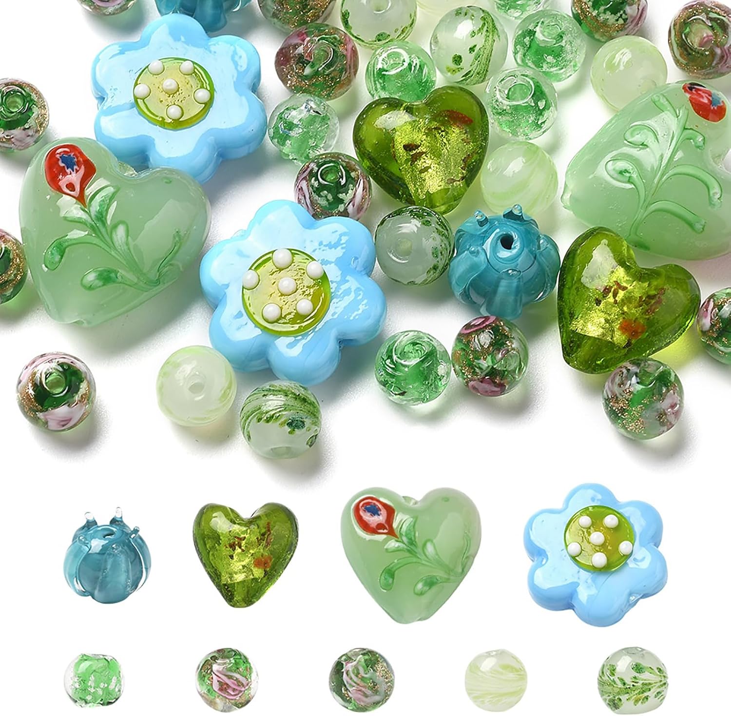 38Pcs Lampwork Silver Foil Glass Beads 9 Styles Handmade Heart Flower Round Spacer Beads for Jewelry Making DIY Bracelets Necklaces Earrings Crafting