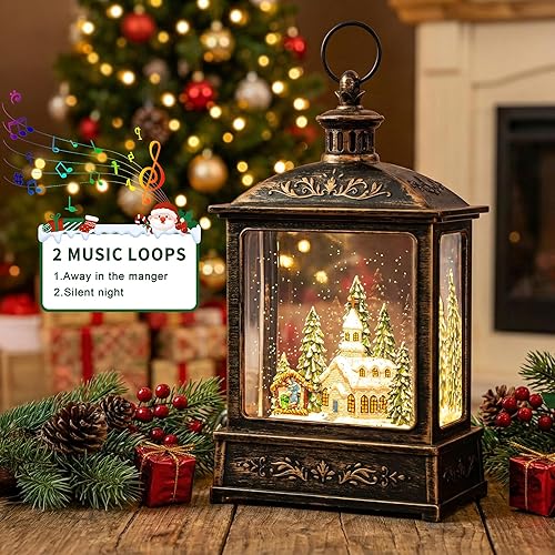 Miniatura 7 de Linterna musical de globo de nieve de 12.5 pulgadas iluminada para iglesia con pesebre, linterna de agua con purpurina giratoria, decoración y