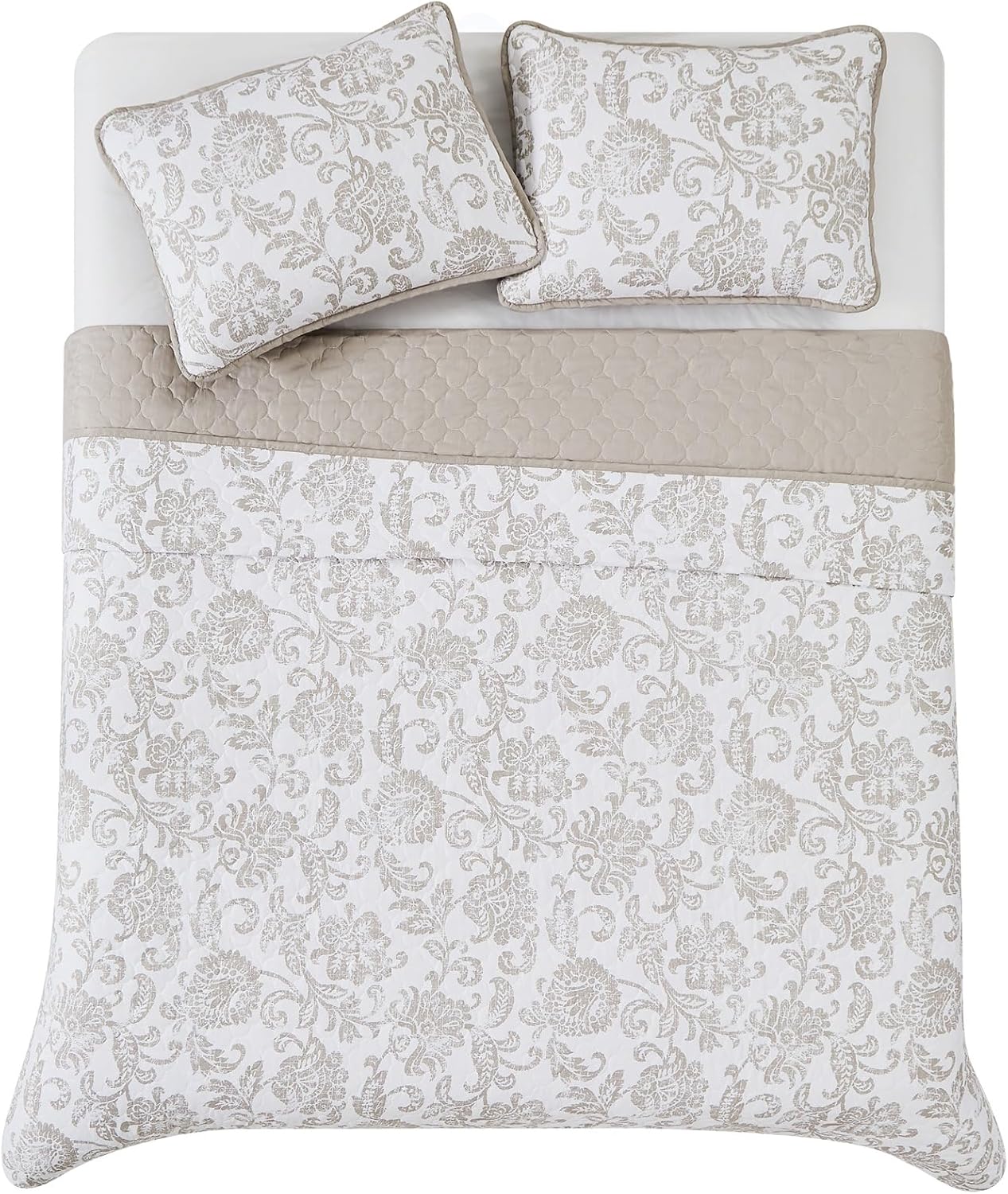 CANNON Sylvana Jacobean Quilt Set White and Taupe Polyester 2-Piece Twin Quilt Set, Geometric Themed, for Men and Women, Oeko-TEX Certified Confidence
