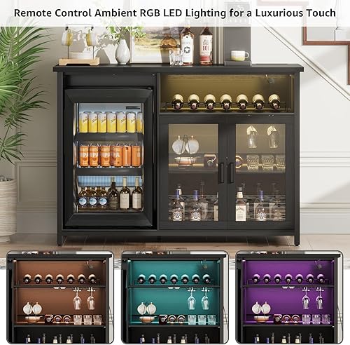 Miniatura 5 de Armario de bar de vinos con espacio para mini refrigerador, gabinete de barra de café negro y armario de licor con estante de almacenamiento,