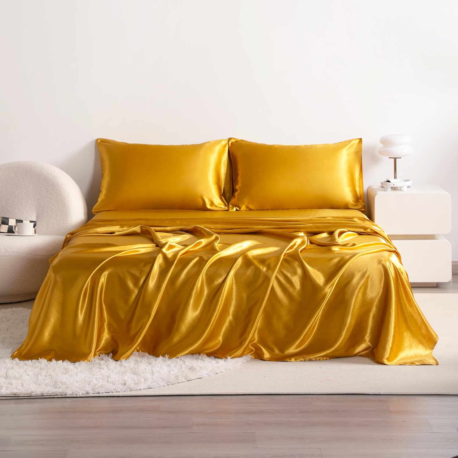 NTBAY Queen Satin Bed Sheet Set, 4 Pieces Luxury and Silky Solid Color Sheet and Pillowcase Set (1 Flat Sheet, 1 Fitted Sheet, 2 Pillowcases) with Deep Pocket, Yellow
