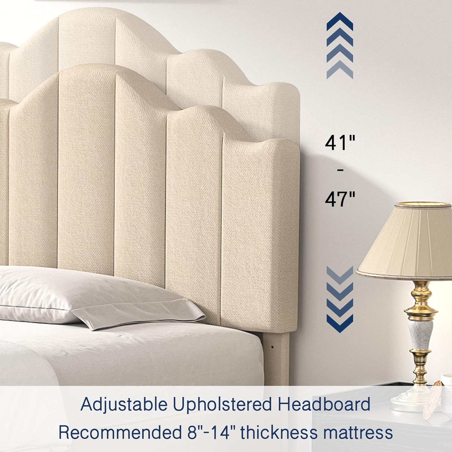 VECELO Queen Size Upholstered Platform Bed Frame with Adjustable Headboard, Wood Slat Support and Noise-Free, No Box Spring Needed, Easy Assembly
