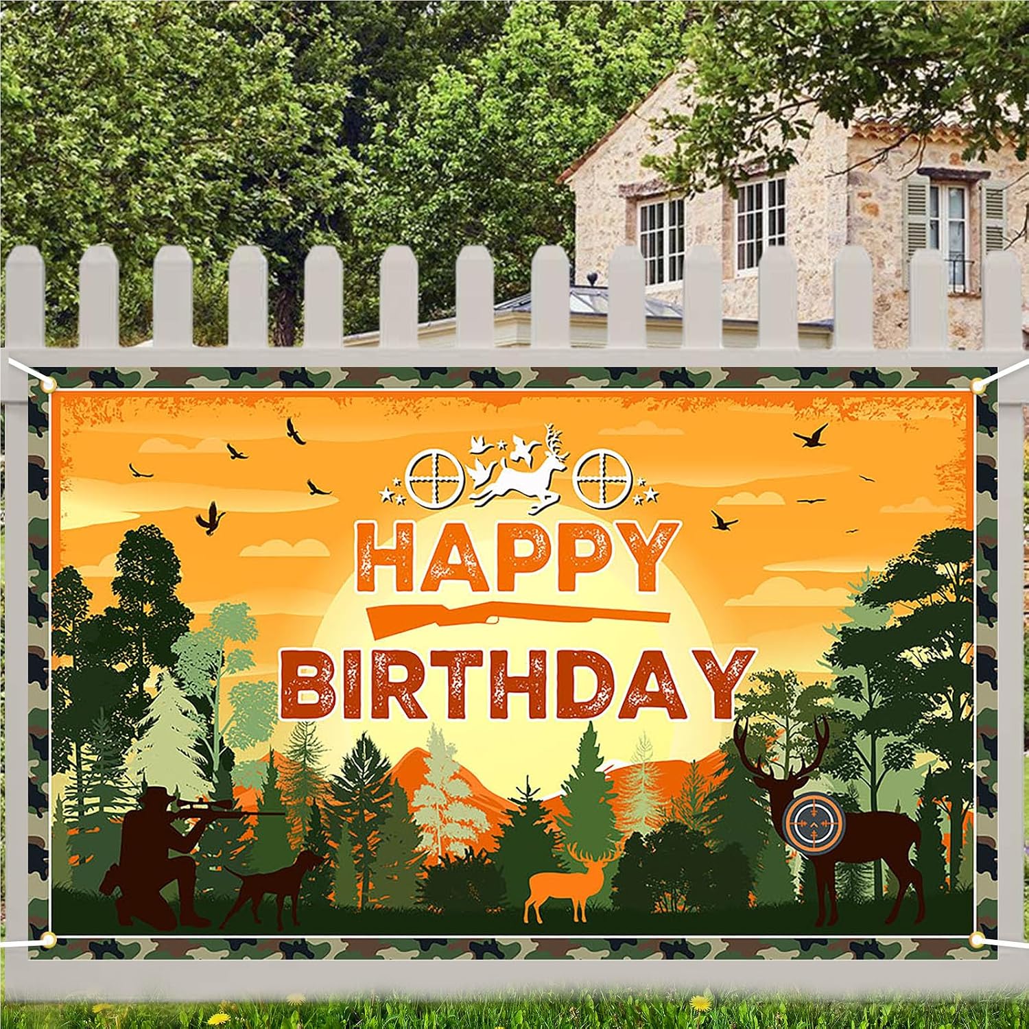 Avezano Hunting Birthday Banner Camo Themed Happy Birthday Party Decorations Deer Hunting Birthday Banner for Kids 70.8 x 43.3 Inch