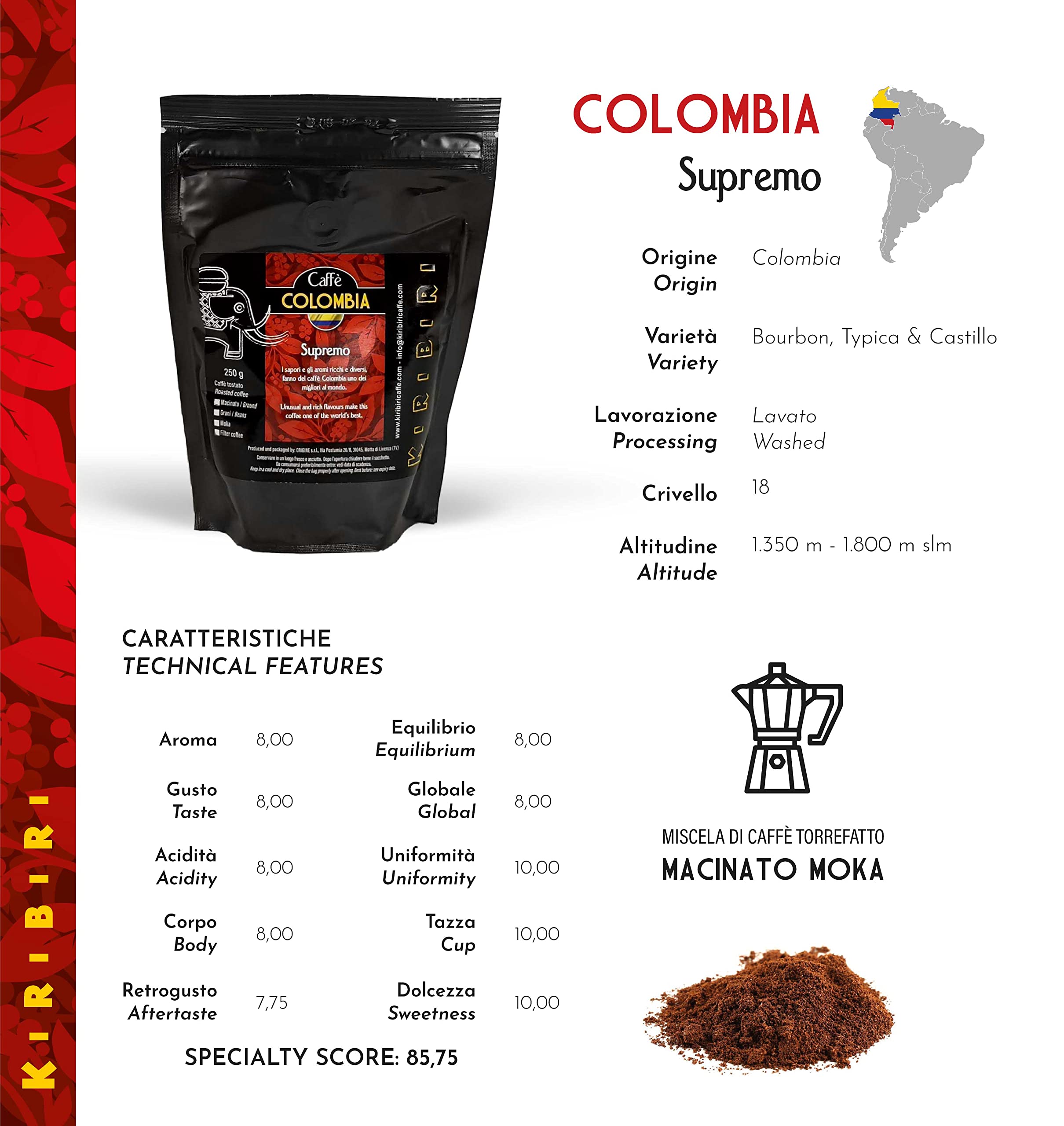 KIRIBIRI Caffè Specialty Monorigine 100% Arabica - Confezione 4 x 250g - Colombia, Costa Rica, Perù Biologico, Etiopia - Macinato per Filter Coffee