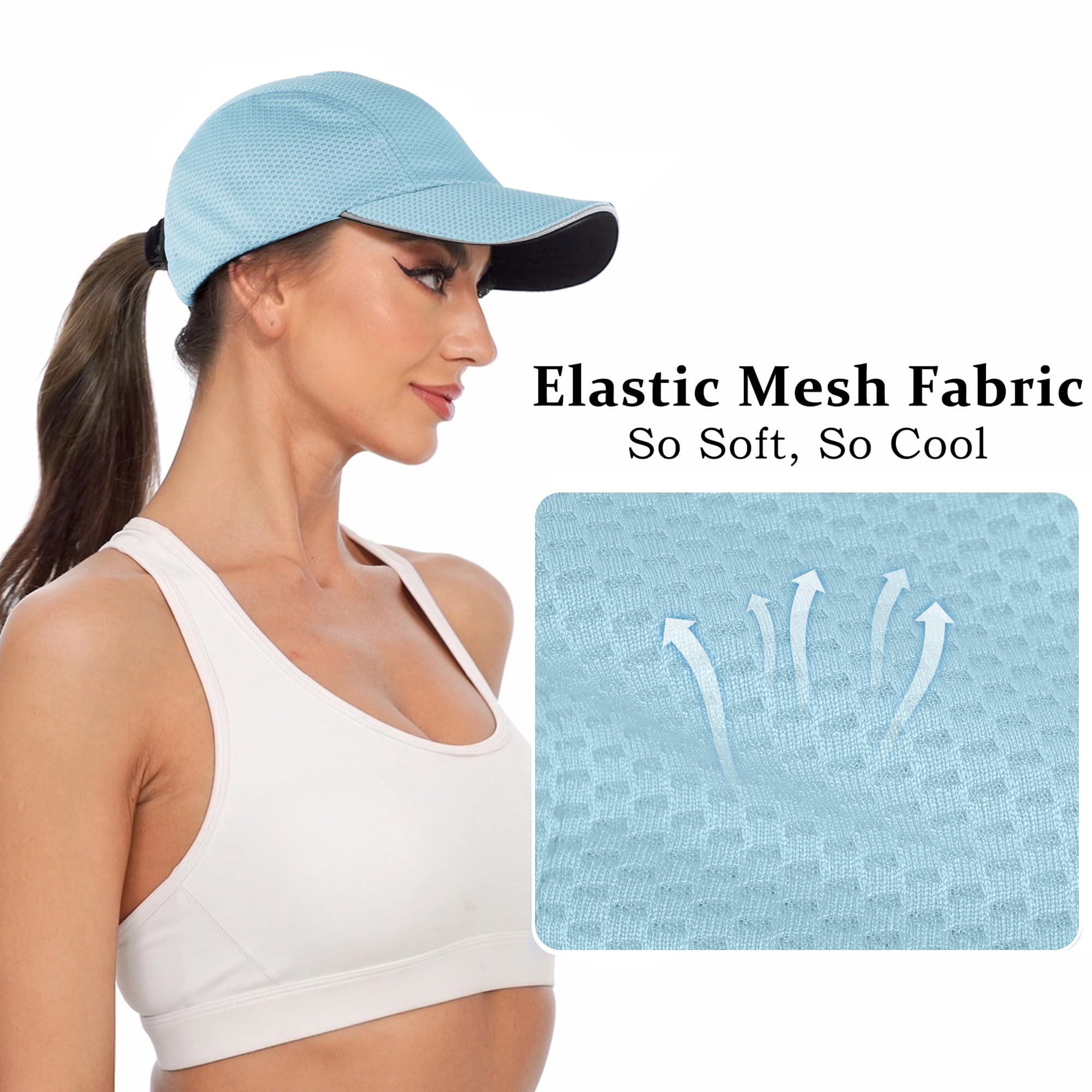 GADIEMKENSD Women's Race Day Running Hat Performance Mesh Baseball Cap Ventilation Lightweight Reflective Safety Ponytail Hats for Golf Hiking Beach Exercise Workout Gym Light Blue