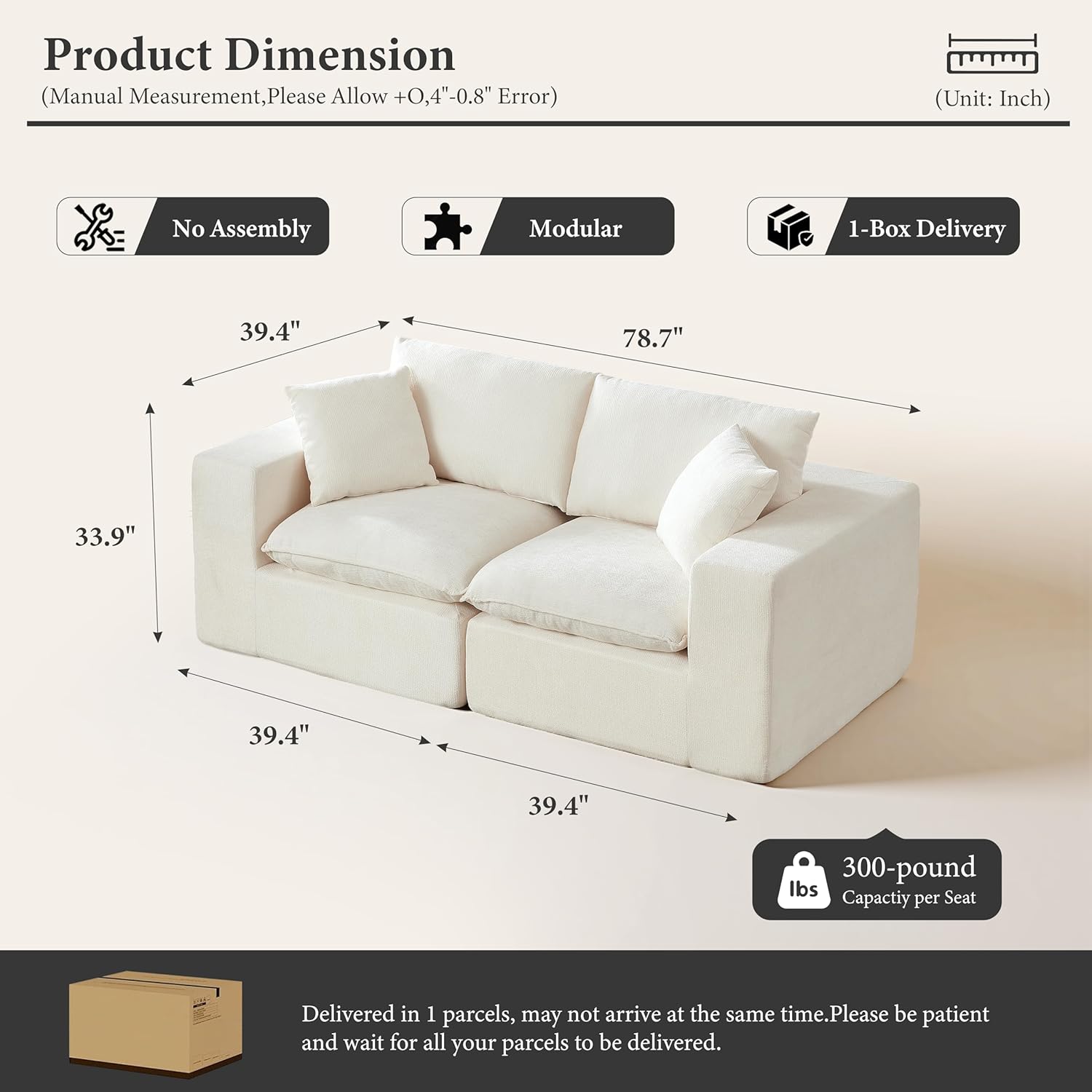 79" Sectional Couches for Living RoomBoneless Couch Upholstered Cloud CouchSectional Modular Sectional Sofa with LShaped (White, Loveseat)