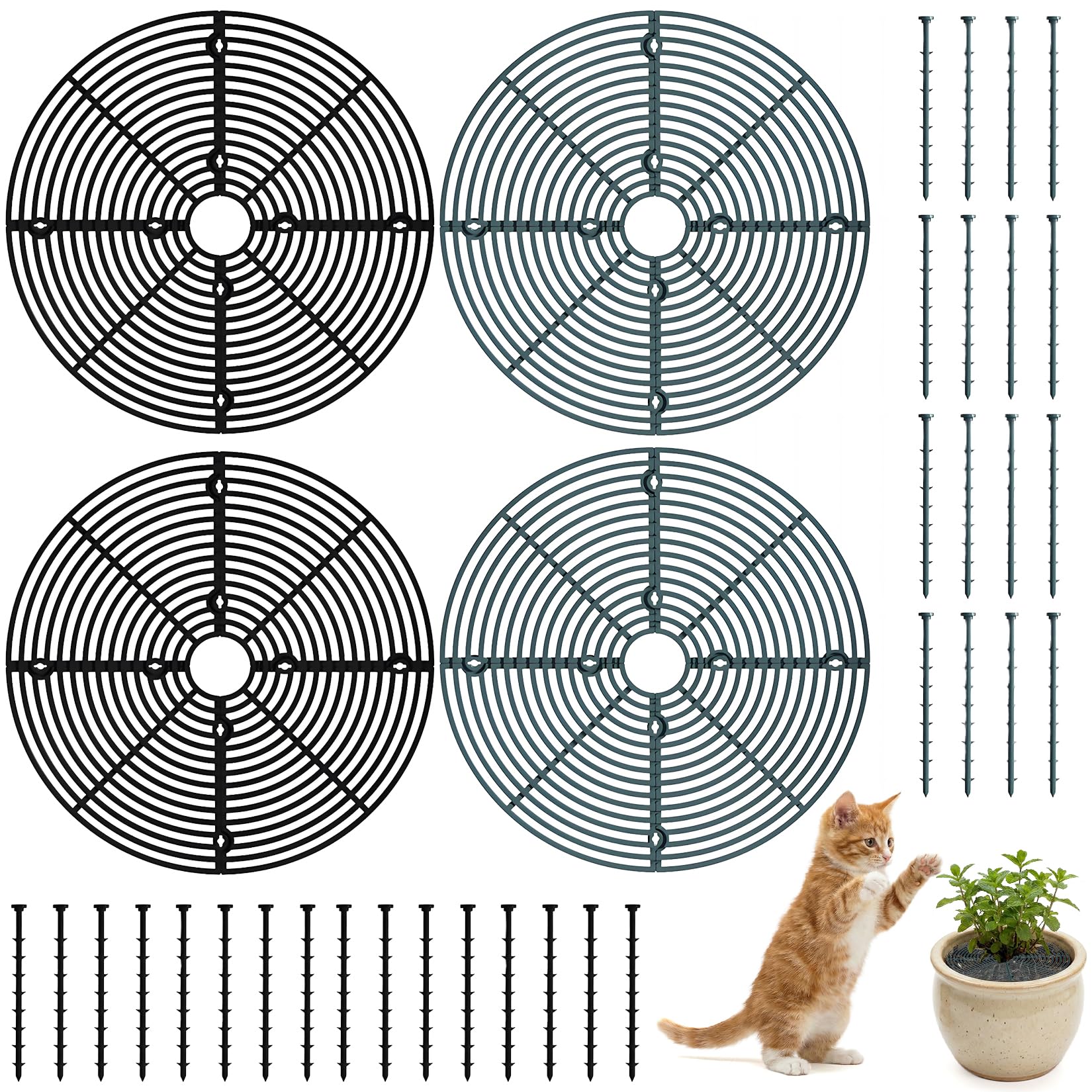 Lot de 4 grilles de pot de fleurs, 30 cm, protection des plantes, chat, en polypropylène, pour plantes, avec goupille de fixation allongée, protège les plantes des enfants et des animaux