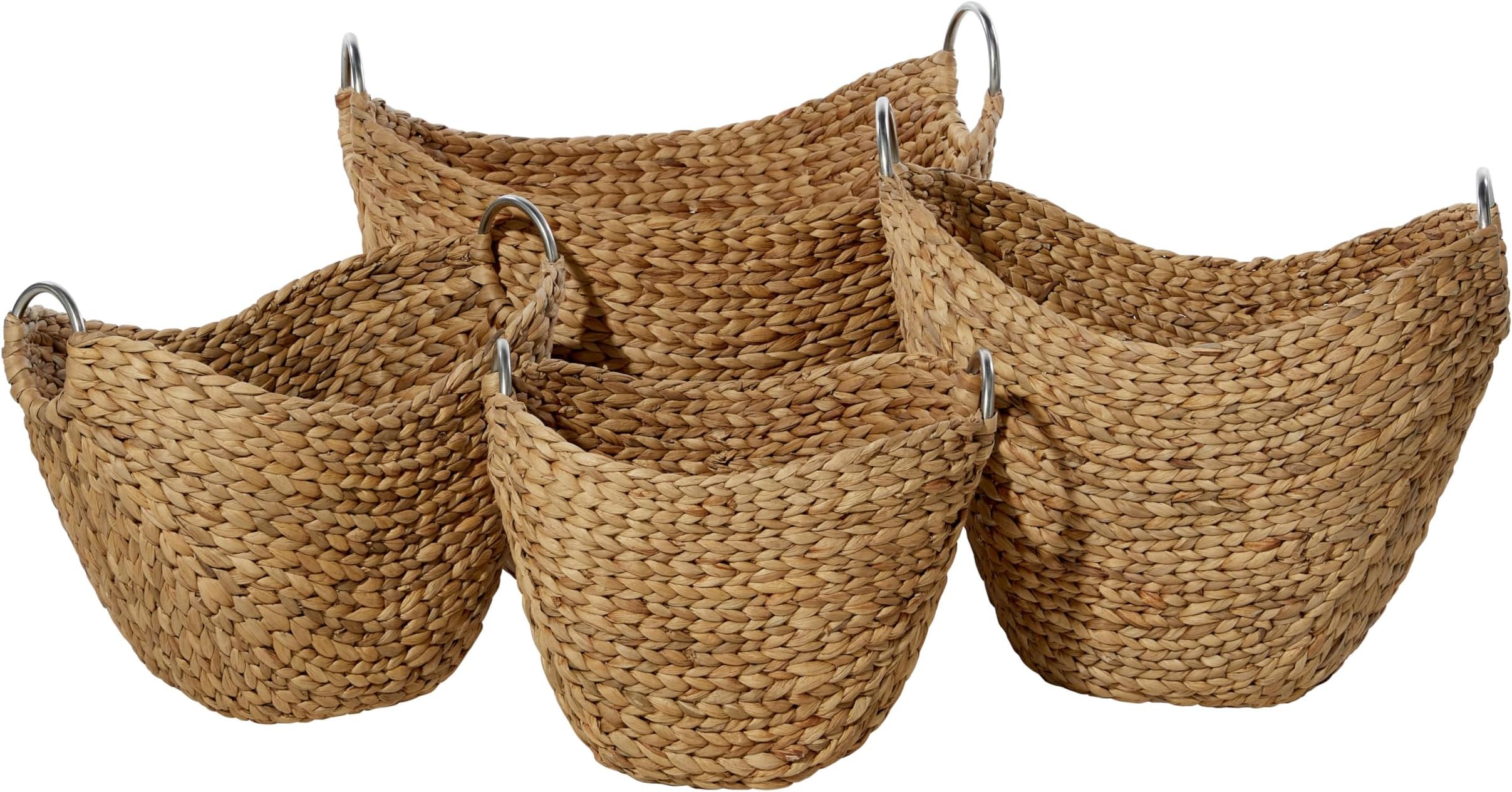 Deco 79 Seagrass Handmade Decorative and Functional Storage Basket Woven Curved Basket Organizer with Silver Metal Handles, Set of 4 Basket for Storage 14", 16", 19", 21"W, Brown