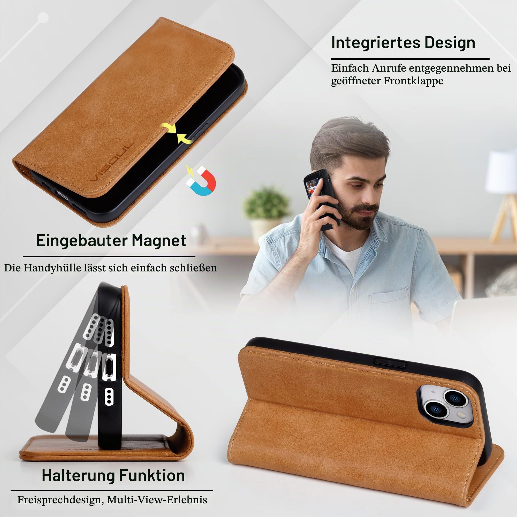 VISOUL Hülle für iPhone 15, Schutzhülle Echt Leder Schützt vor Stoß Kartenfach Magnetverschluss Stand klappbar handyhülle Handytasche Etui Case Gelb