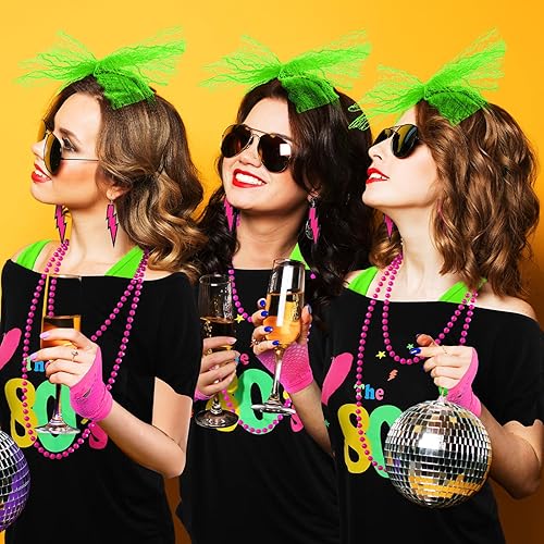 Miniatura 7 de I Love The 80's Disco 80s - Disfraz con estampado de hombros descubiertos, camiseta sin mangas, diadema, aretes, collar, calentadores de piernas