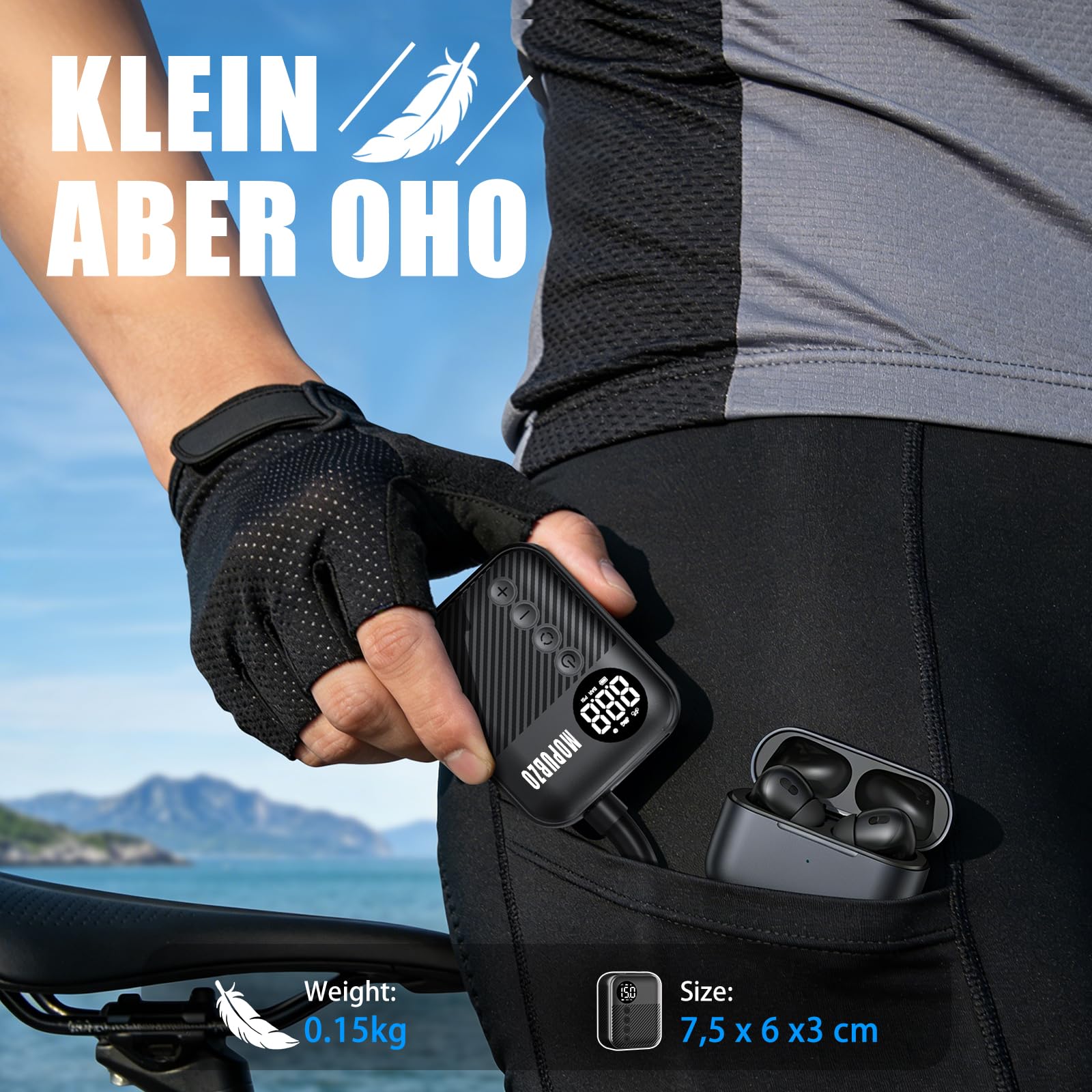 Tiny Fahrradpumpe Mit Manometer, 150 PSI Elektrische Luftpumpe, Automatische Abschaltung Elektro Minipumpe, Kompatibel Mit Den Meisten Luftventilen, Schnelles Aufpumpen Für E-Bike, MTB Und Rennrad