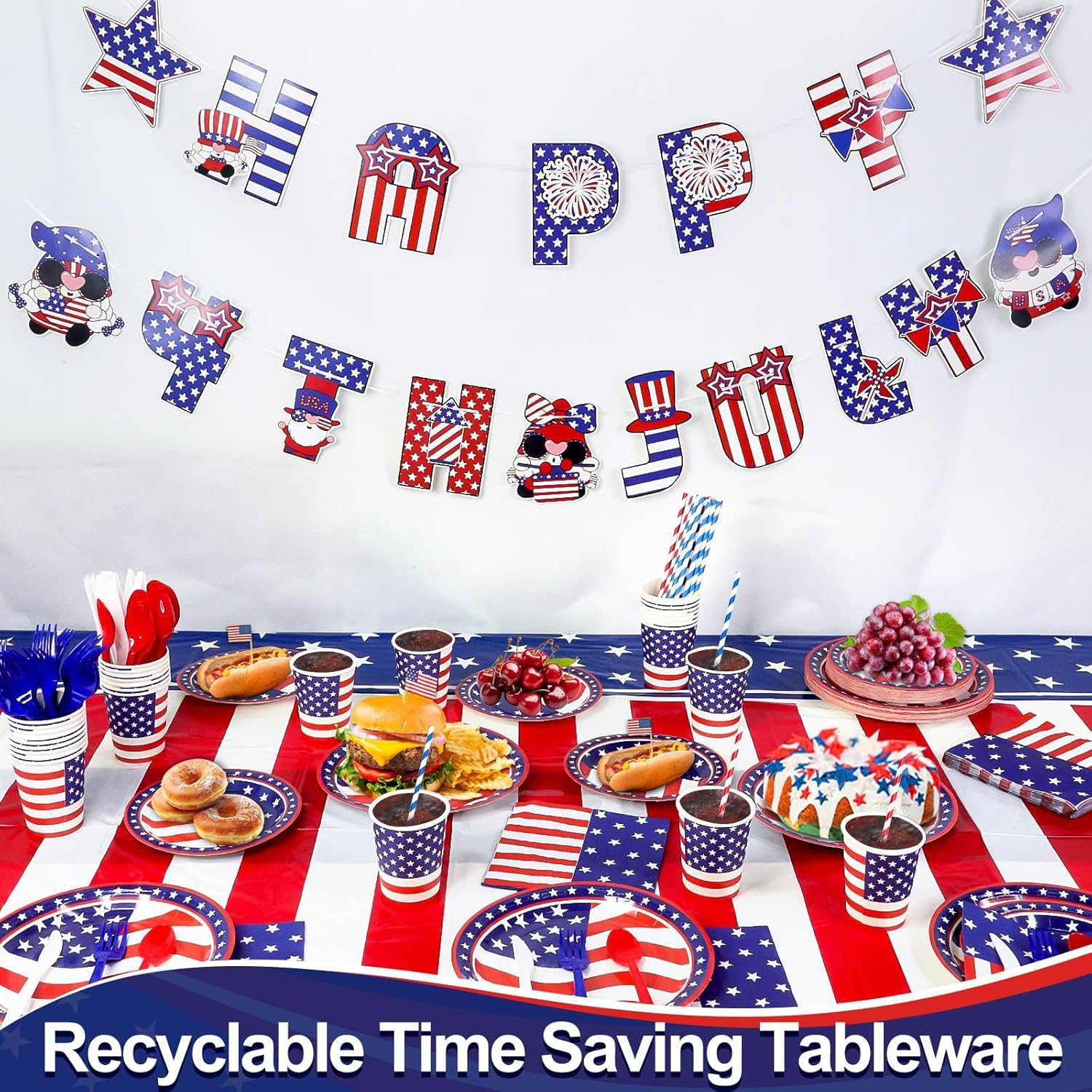 244PCS 4th of July Decorations Patriotic American Flag Party Supplies - Serve 30 - Tablecloths,4th of July Disposable Paper Plates Cups Napkins Cutlery Forks Spoons Straws,Banner Red White Blue Decor