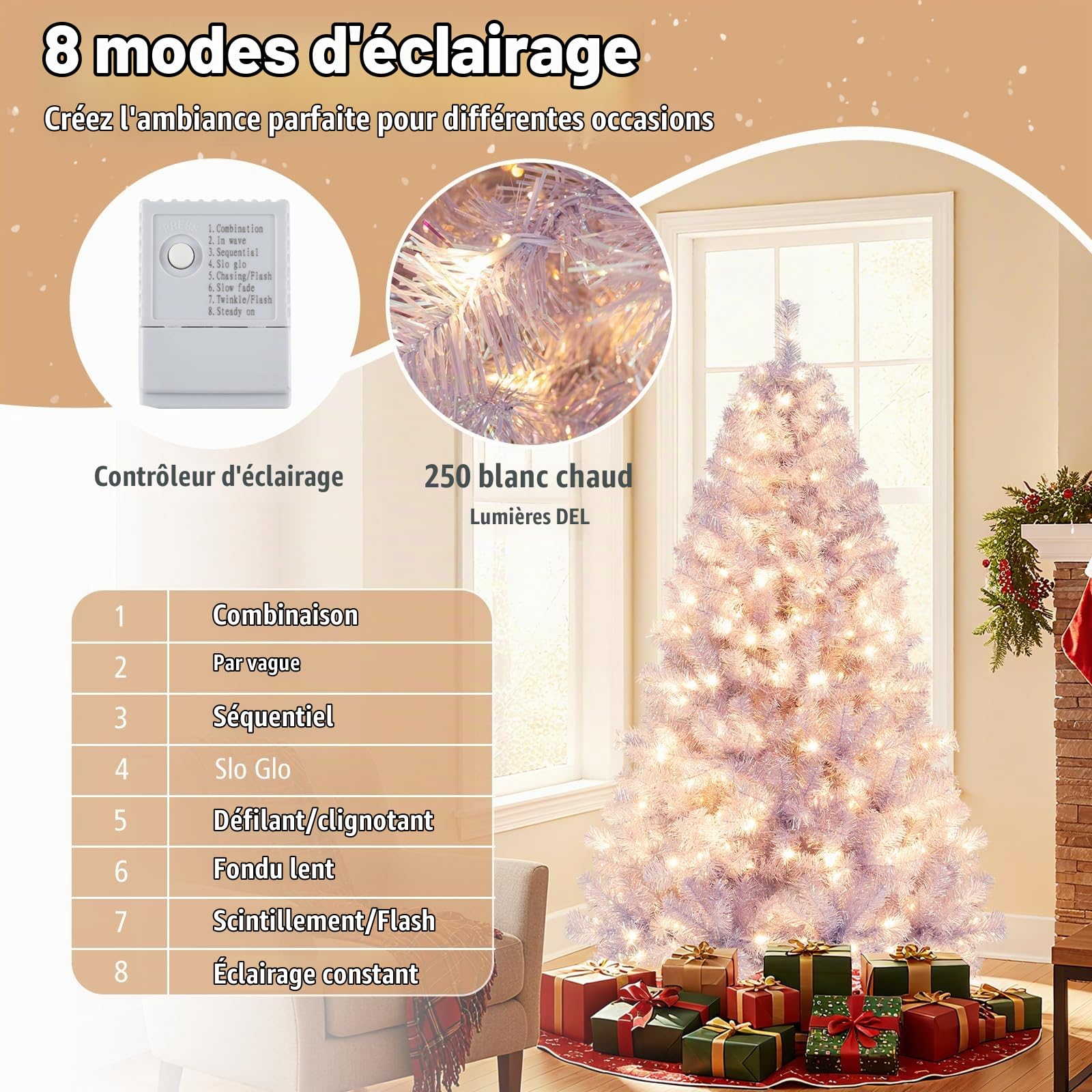 GYMAX Sapin de Noël Artificiel 180cm Violet Lumineux LED avec 250 Lumières Blanc Chaud, 8 Modes d'Éclairage, 688 Branches à à Sequins, Décoration de Fête pour Domicile, Bureau