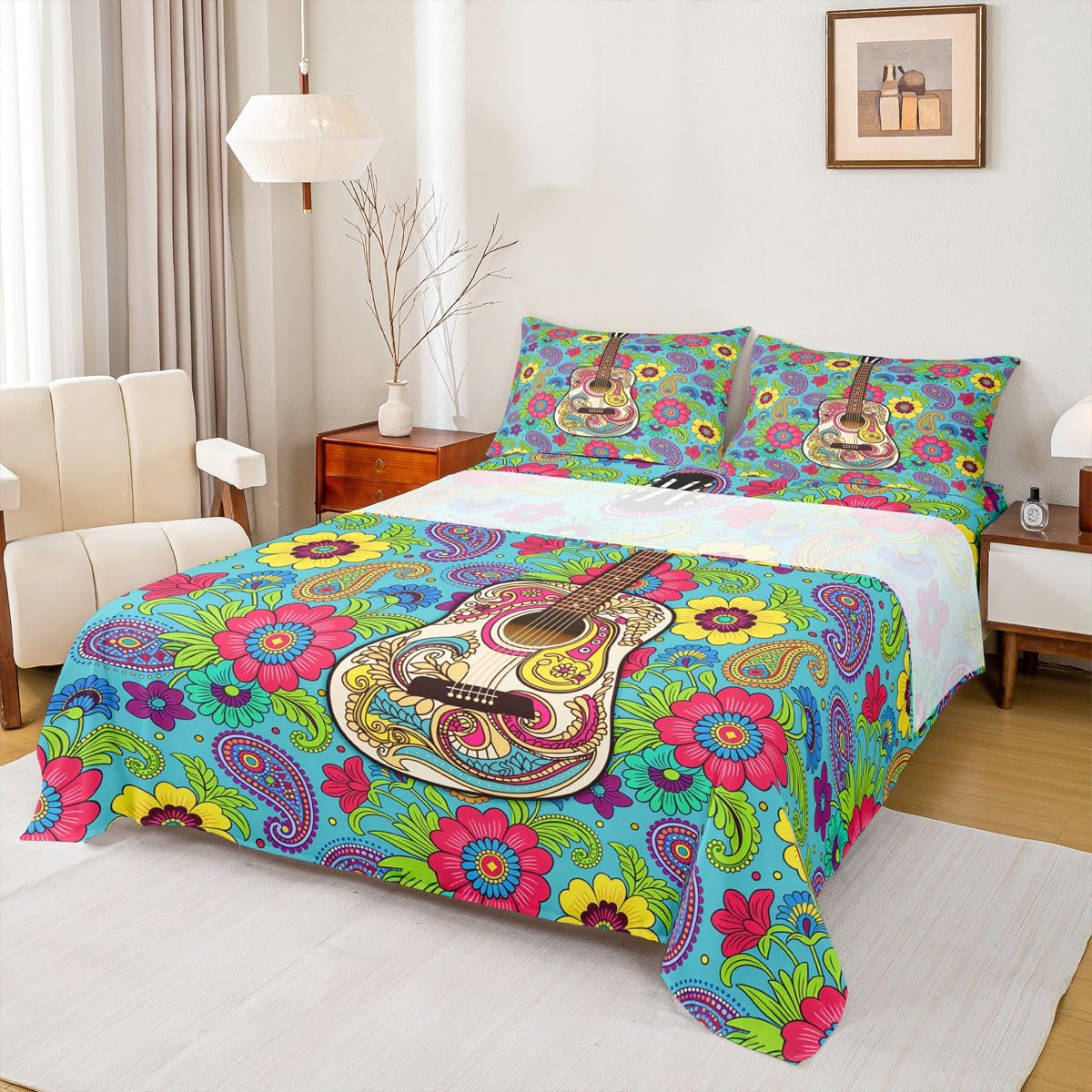 Homewish Paisley zestaw prześcieradeł podwójne boho kwiatowe prześcieradła lata 70. hipisowska gitara muzyczna pościel - egzotyczny kwiat boho prześcieradła zestaw 4-częściowy