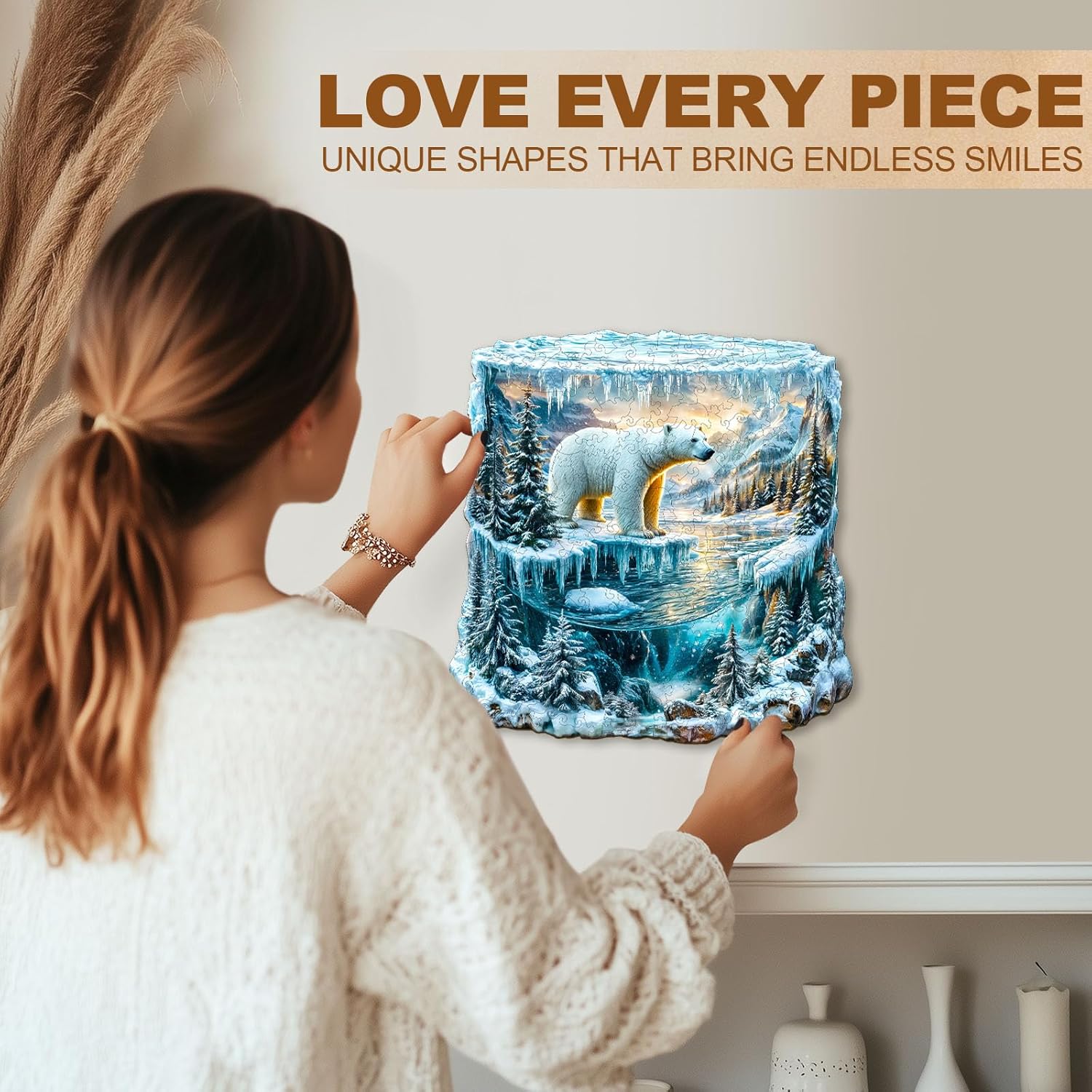Wooden Puzzles for Adults - Polar Bear Wood Puzzles Adult - Unique Animal Shape Winter Ice Cave Puzzle - Birthday Gifts for Boys Girls Family (11.4 * 11.4in - 200 Pieces)
