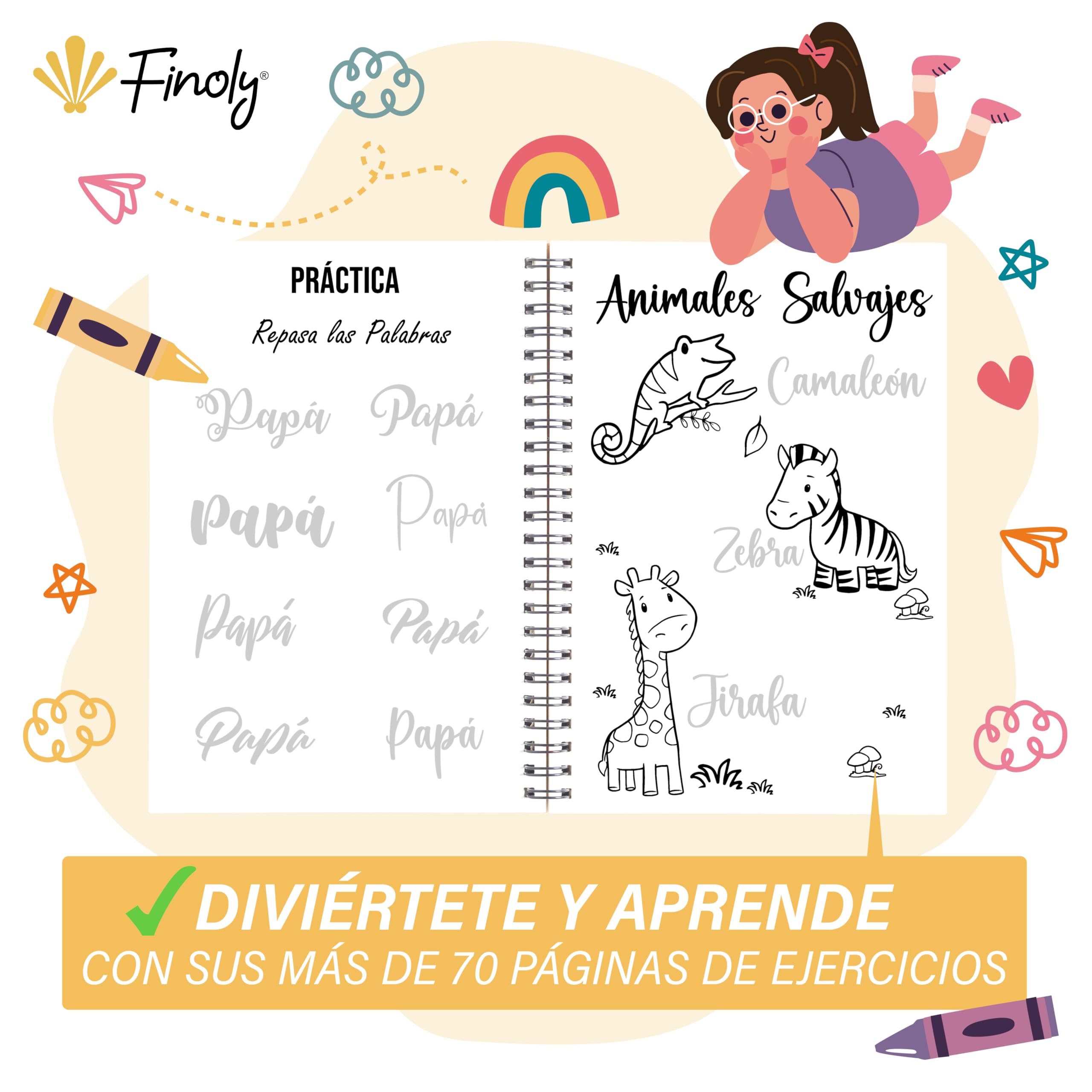 Finoly Cuaderno Lettering | Cuaderno Lettering para Niñas | Cuaderno Lettering Niños | Libro Lettering | Libreta Lettering | Libro Lettering Niños | Cuaderno Lettering Principiante para Colorear