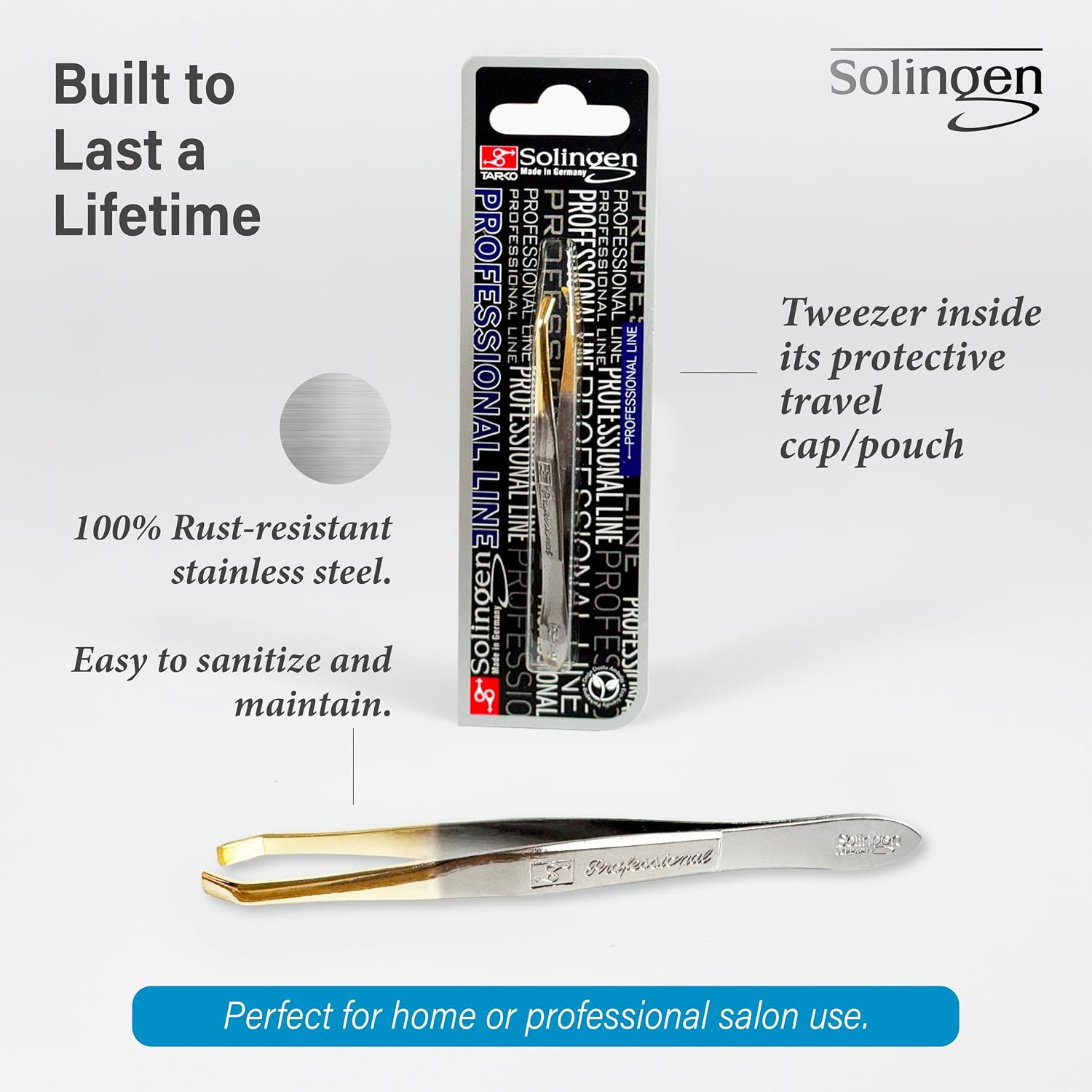 Solingen Germany Slant Tip Stainless Steel Eyebrow & Facial Hair Hand-Filed Made in Germany (Nickel-Gold)