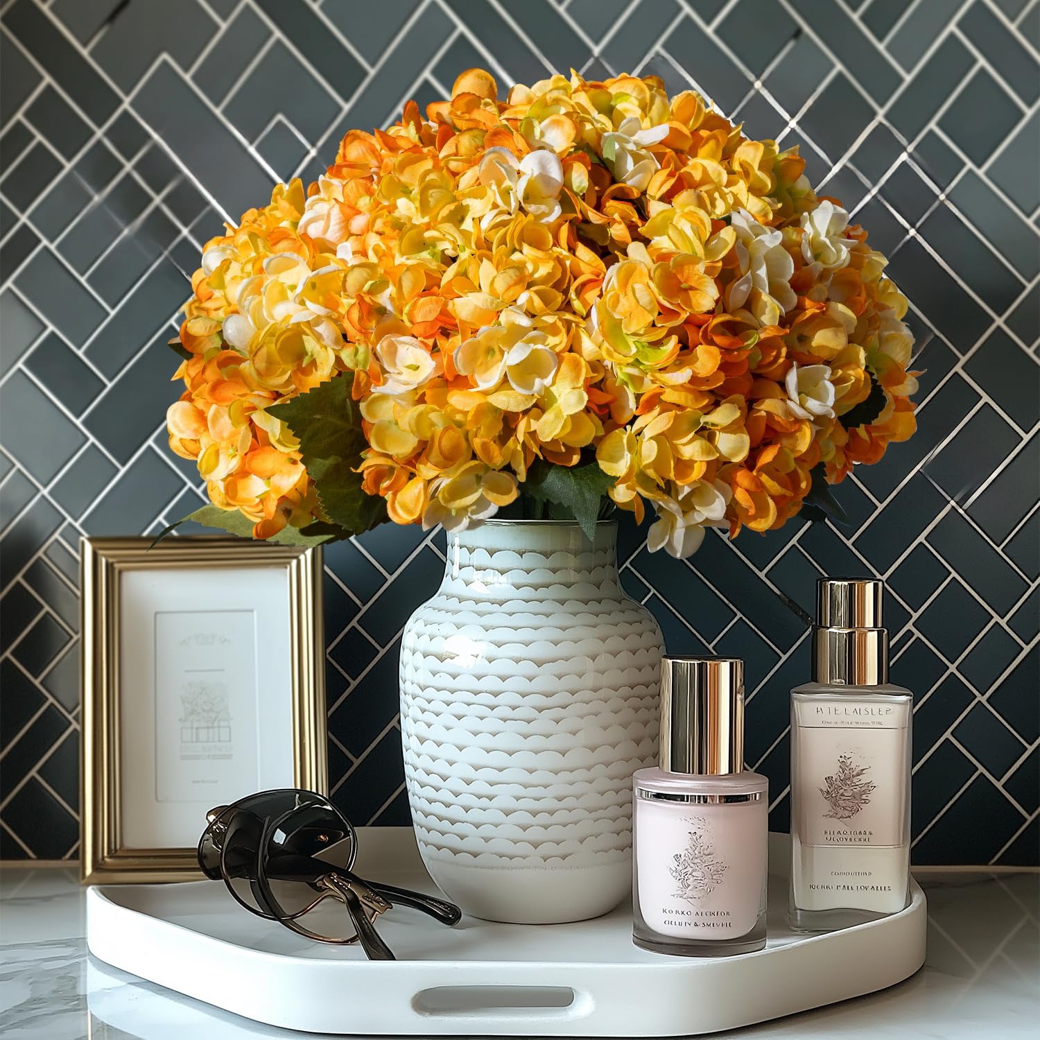 10PCS Faux Hydrangea Flower Hydrangea Artificial Flowers Hydrangea Bouquet Faux Flower Table Centerpieces for Home Wedding Bridal Bouquet Office Party DIY Floral Decor Orange