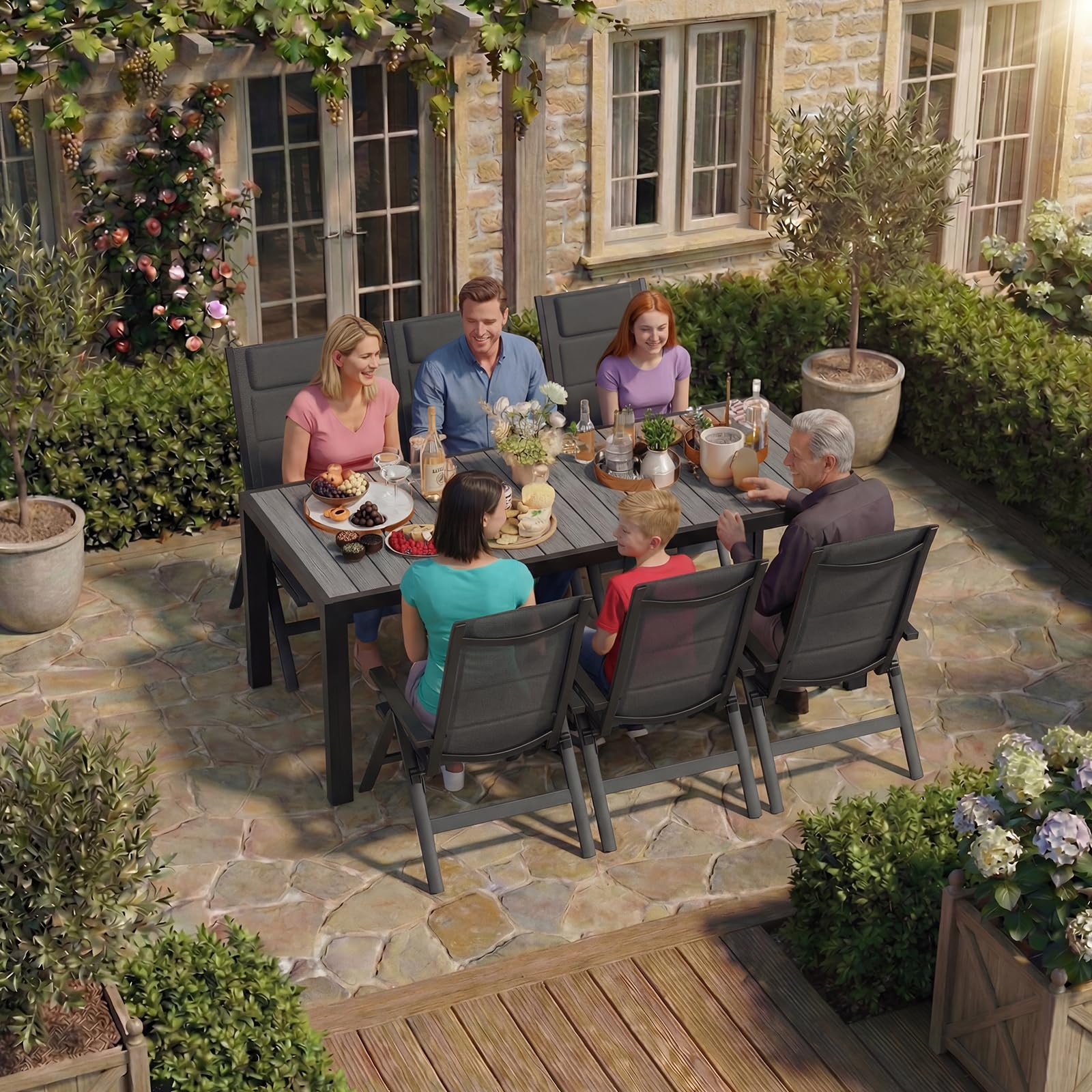 JUMMICO Gartenmöbel Set Klappbar, 5-Fach Verstellbarer Aluminium Sessel mit Holztisch, Wetterfestes Terrassenmöbel für Balkon und Garten