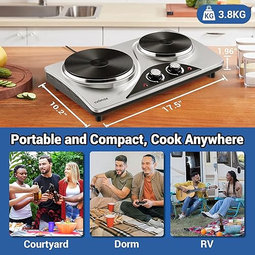 Miniatura 6 de CUSIMAX - Placa eléctrica de doble quemador de 1800 vatios para cocinar, quemador de encimera, placas calientes portátiles de hierro fundido con