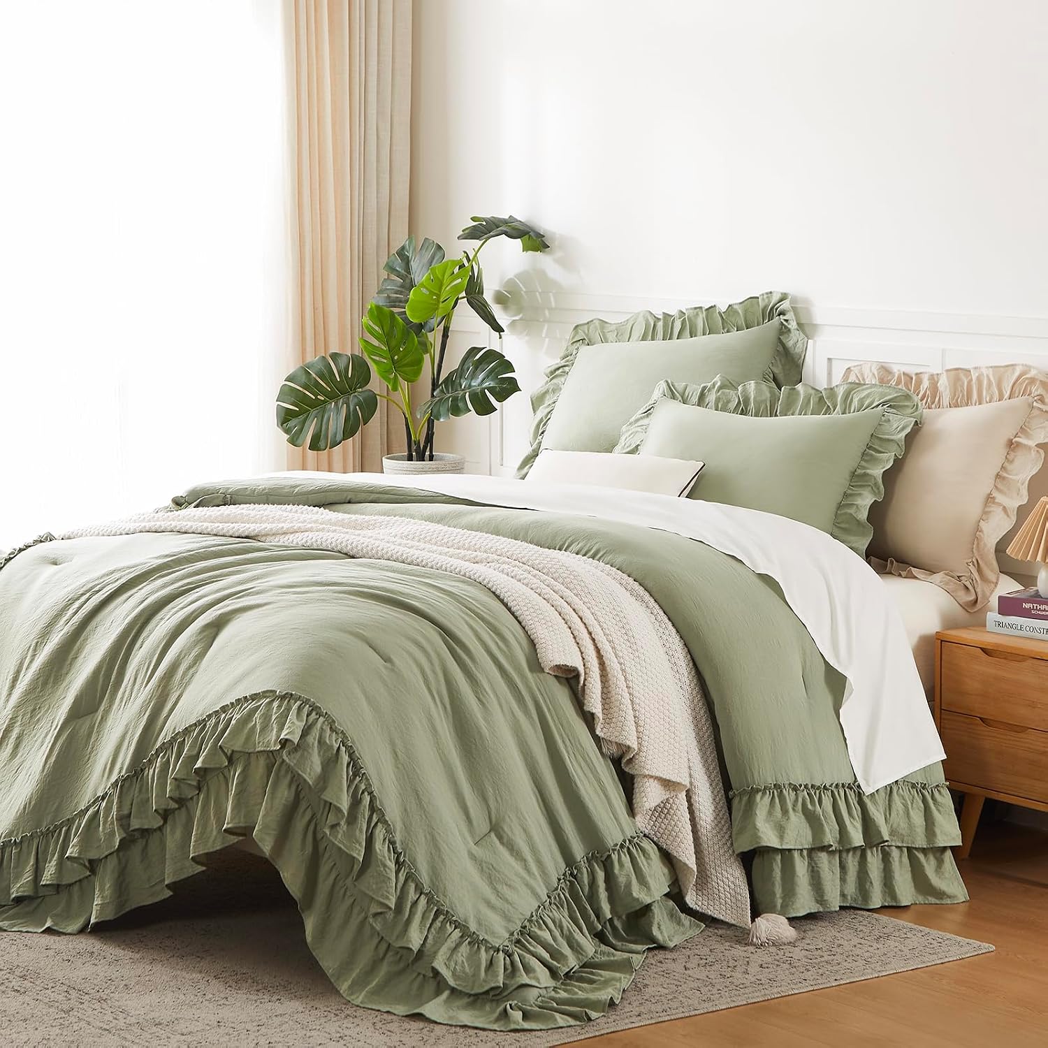Double Ruffle Sage Green Comforter Queen Size Farmhouse Bedding
