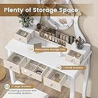 Vista 43 de CHARMAID Mesa de tocador para niñas con espejo iluminado y taburete, 10 luces LED regulables, 3 modos de iluminación de color, 4 cajones, mango