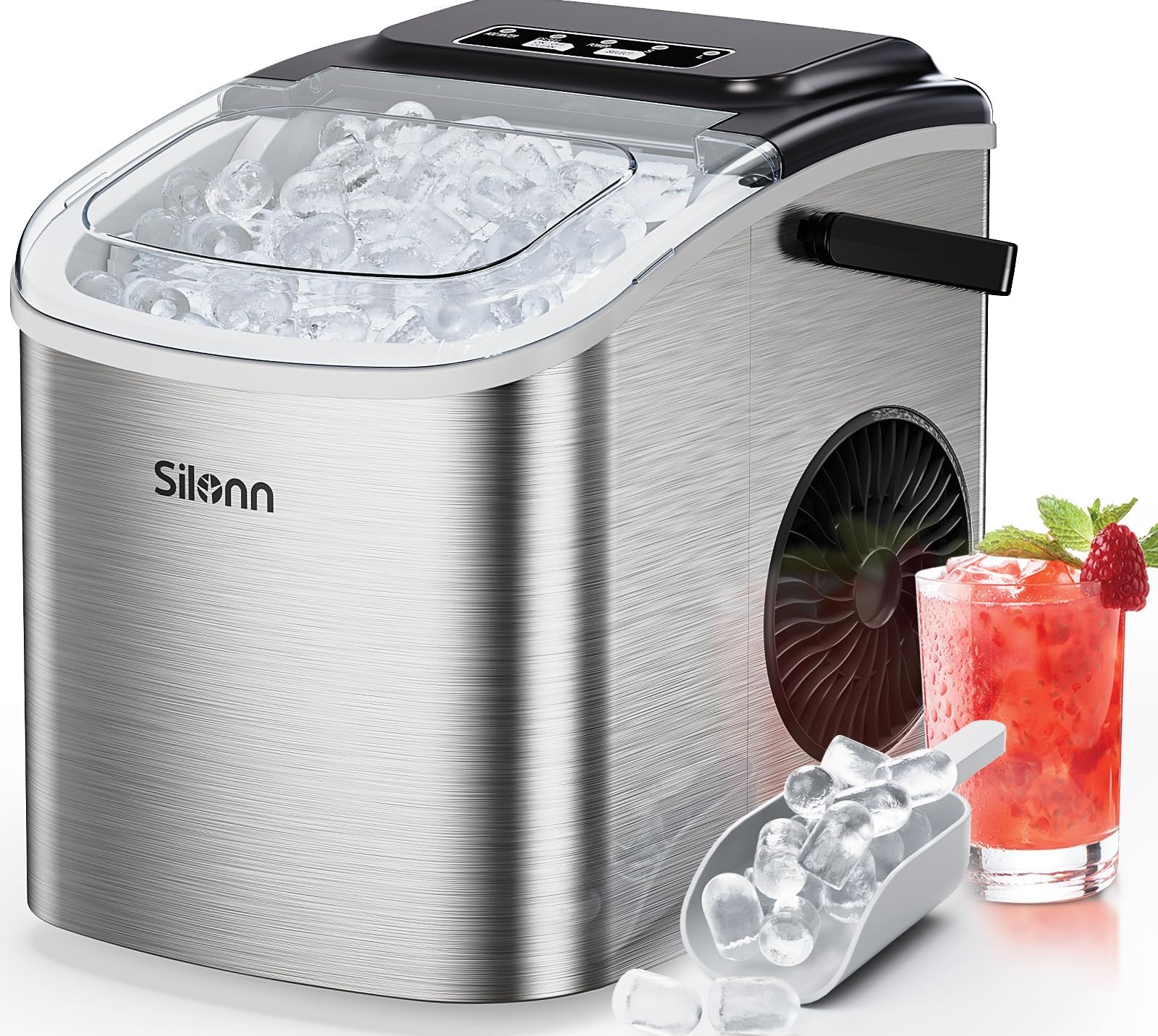 Silonn Máquina de cubitos de hielo pequeña con asa, 9 cubitos de hielo en solo 6 min, 12 kg en 24 horas, autolimpiable, compacta, con 2 tamaños de hielo, ideal para cocina, oficina y fiestas, color