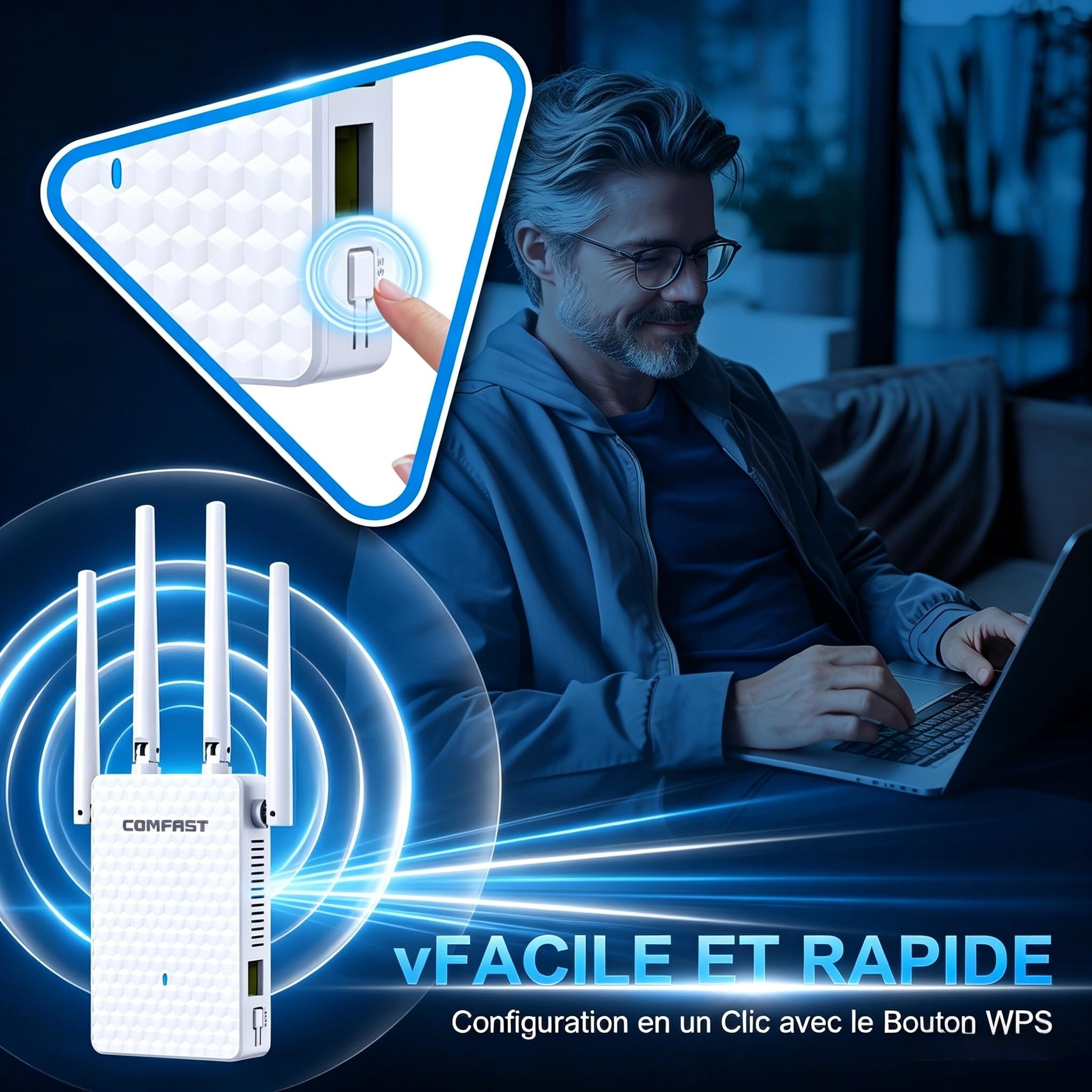 COMFAST Répéteur WiFi AC1200 Mbps, Amplificateur WiFi Puissant Double Bande avec 4 Antennes Haut Gain, Couverture 360°, Configuration WPS One-Touch, Port LAN, Compatible Toutes Les Box Internet