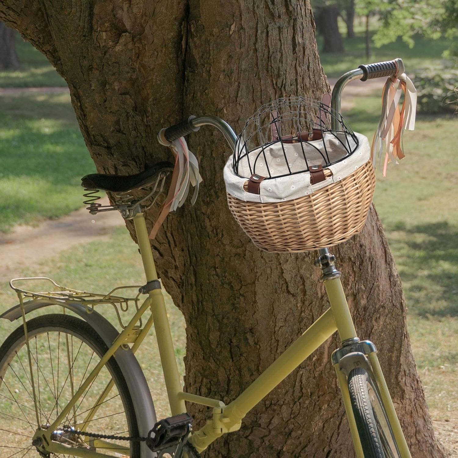 Front Handlebar Pet Carrier Basket for Dogs & Cats - Bike Mount Pet Transport for Small Animals- Wood Color