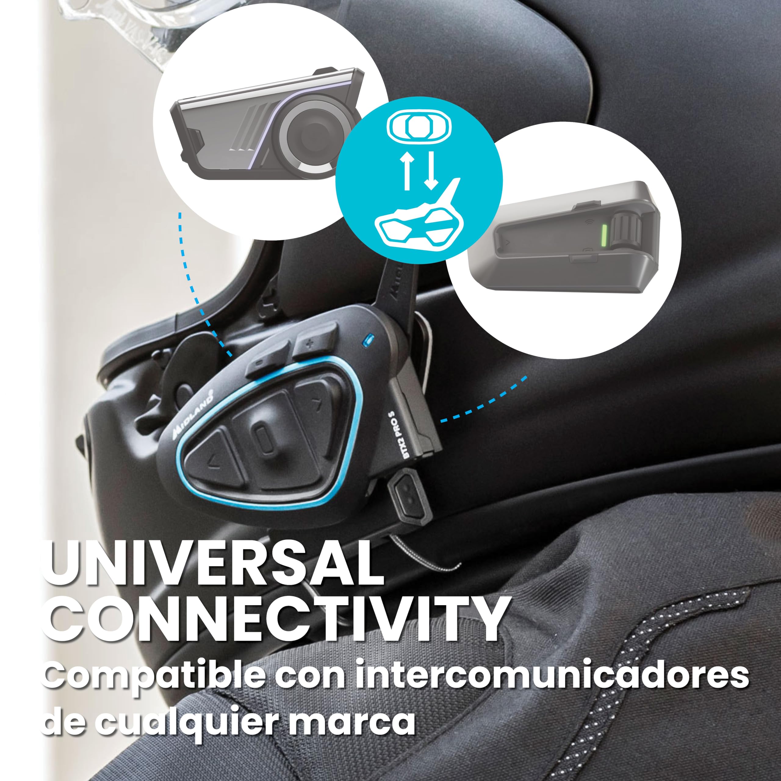 Midland BTX2 Pro S LR Single Intercomunicador Bluetooth para Moto | IPX6 Waterproof, Supresión de Ruido, Hasta 8 Personas, Batería 23h, Alcance 1.6Km