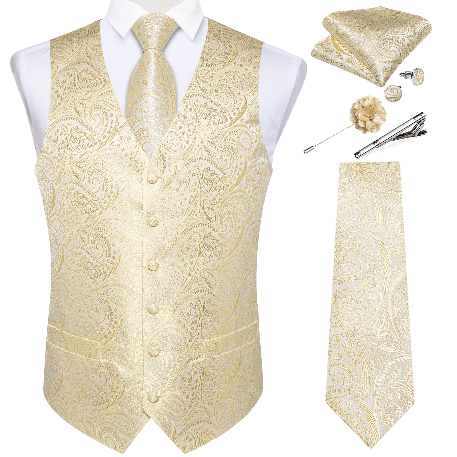 DiBanGu Mens Vest And Tie Set Formal Paisley Waistcoat And Necktie Pocket Square Cufflinks Silk Suit Vest For Tuxedo Wedding, Black, 3X-Large